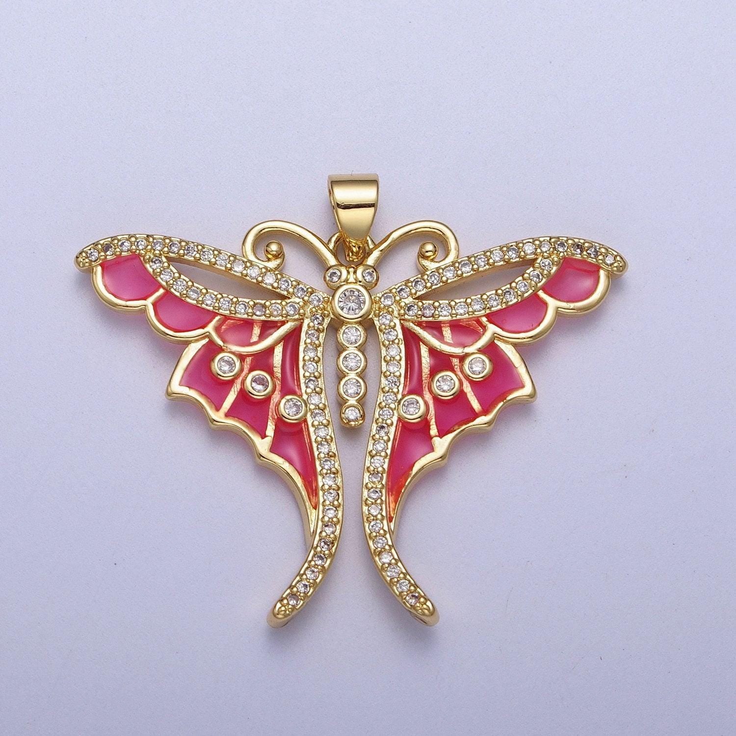Micro paved cz pink barbiecore butterfly pendant hot pink enamel gold pendant | h165