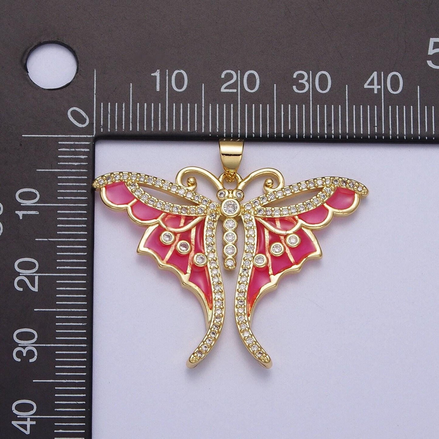 Micro paved cz pink barbiecore butterfly pendant hot pink enamel gold pendant | h165