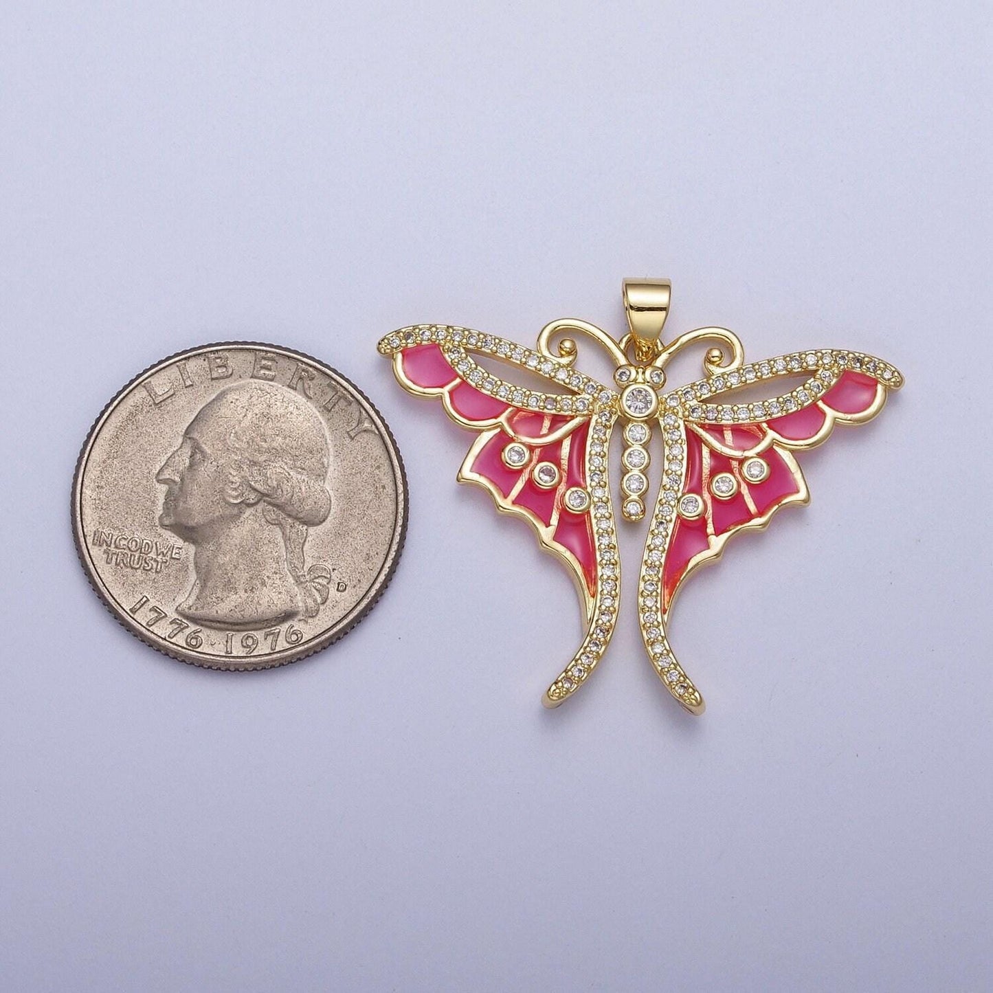 Micro paved cz pink barbiecore butterfly pendant hot pink enamel gold pendant | h165