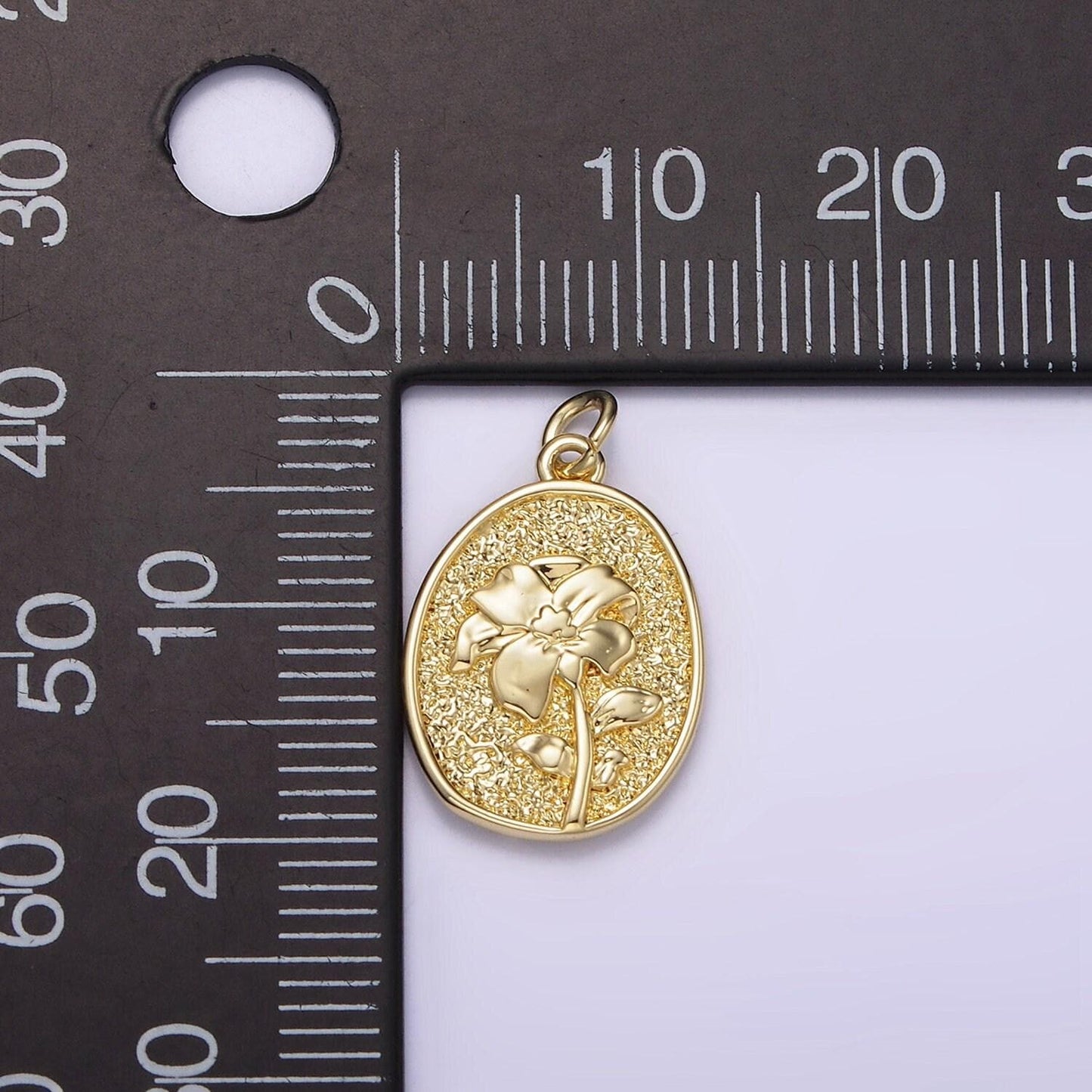 14k gold filled narcissus december birth flower hammered stamped personalized double sided charm | ag243