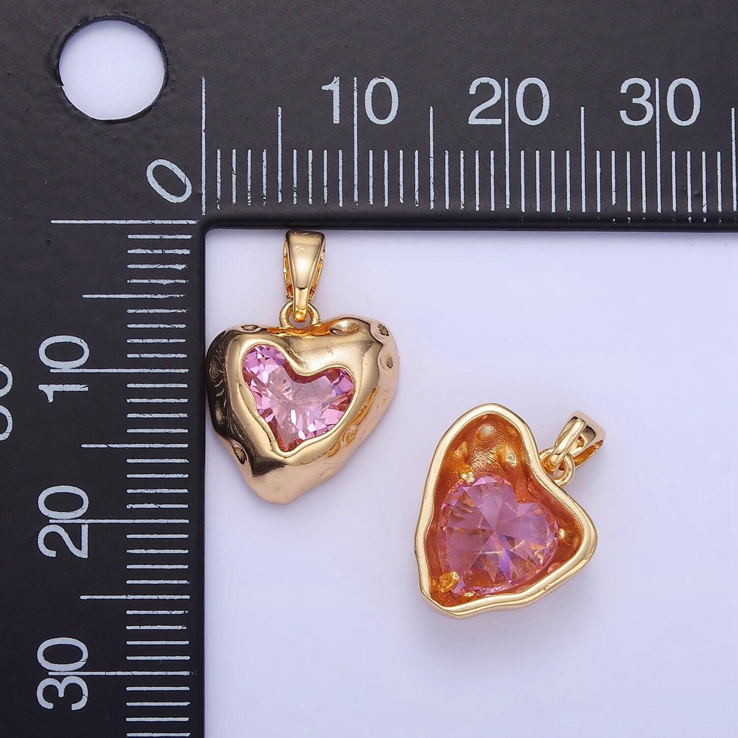 Gold micro pave heart charm medallion charm, pink cz charm for necklace earring bracelet component jewelry findings aa-1310