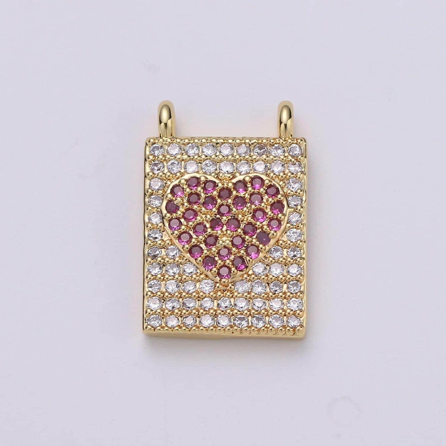 Micro pave heart charm for necklace gold heart banner charm with double bail connector