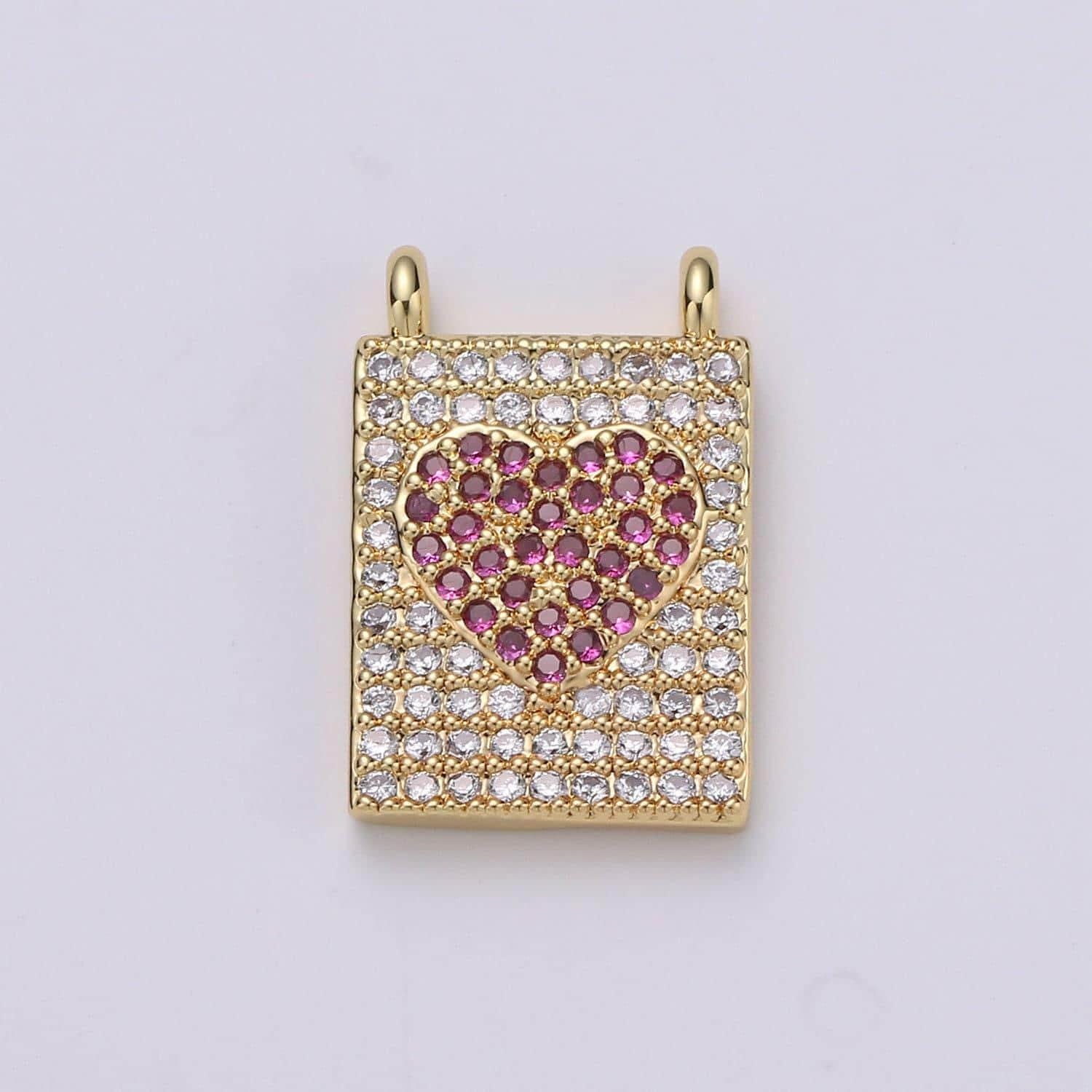Micro pave heart charm for necklace gold heart banner charm with double bail connector