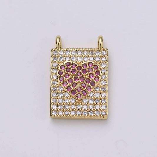Micro pave heart charm for necklace gold heart banner charm with double bail connector