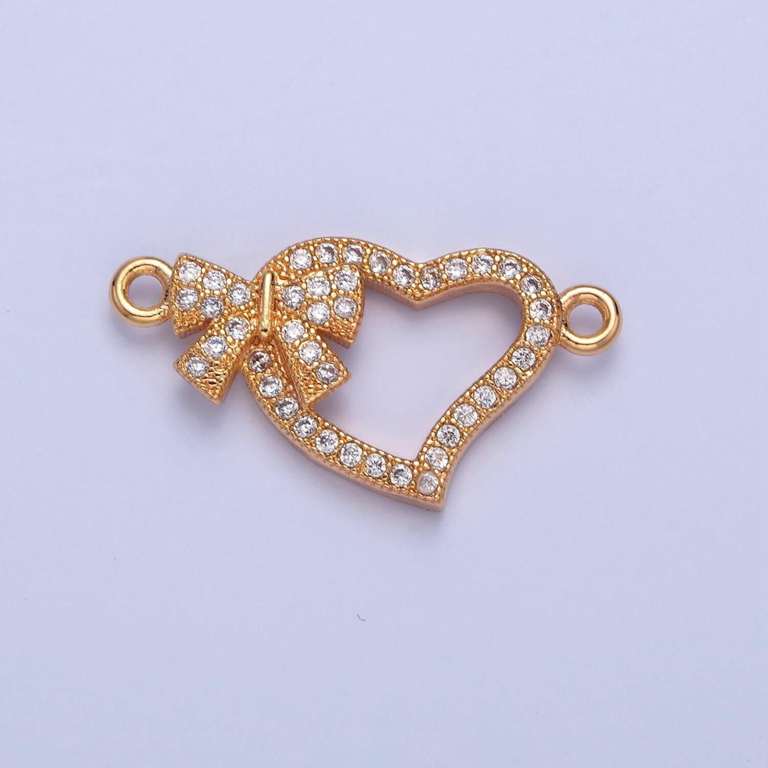 16k gold filled love heart w. dainty bow micro pave cz stone connector, add on link charm crystal cz for necklace bracelet supply | f-407