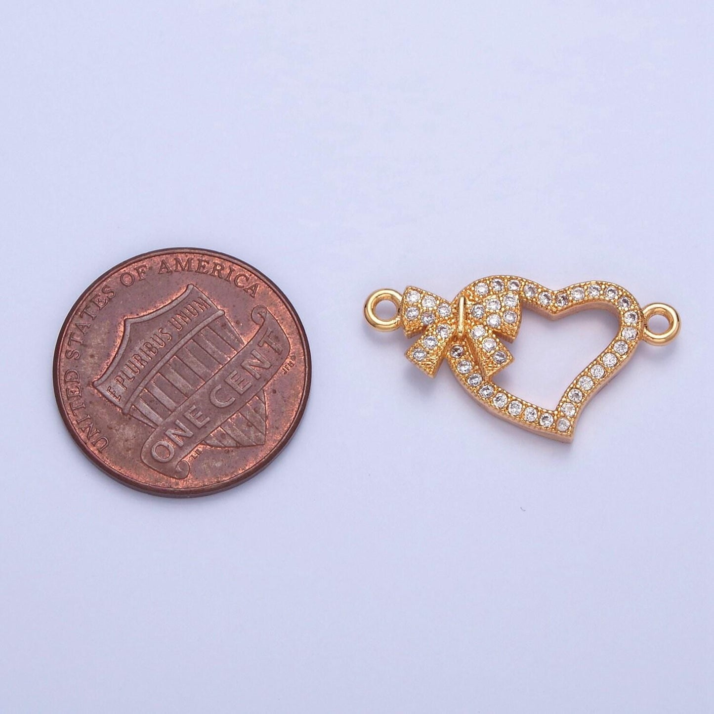 16k gold filled love heart w. dainty bow micro pave cz stone connector, add on link charm crystal cz for necklace bracelet supply | f-407