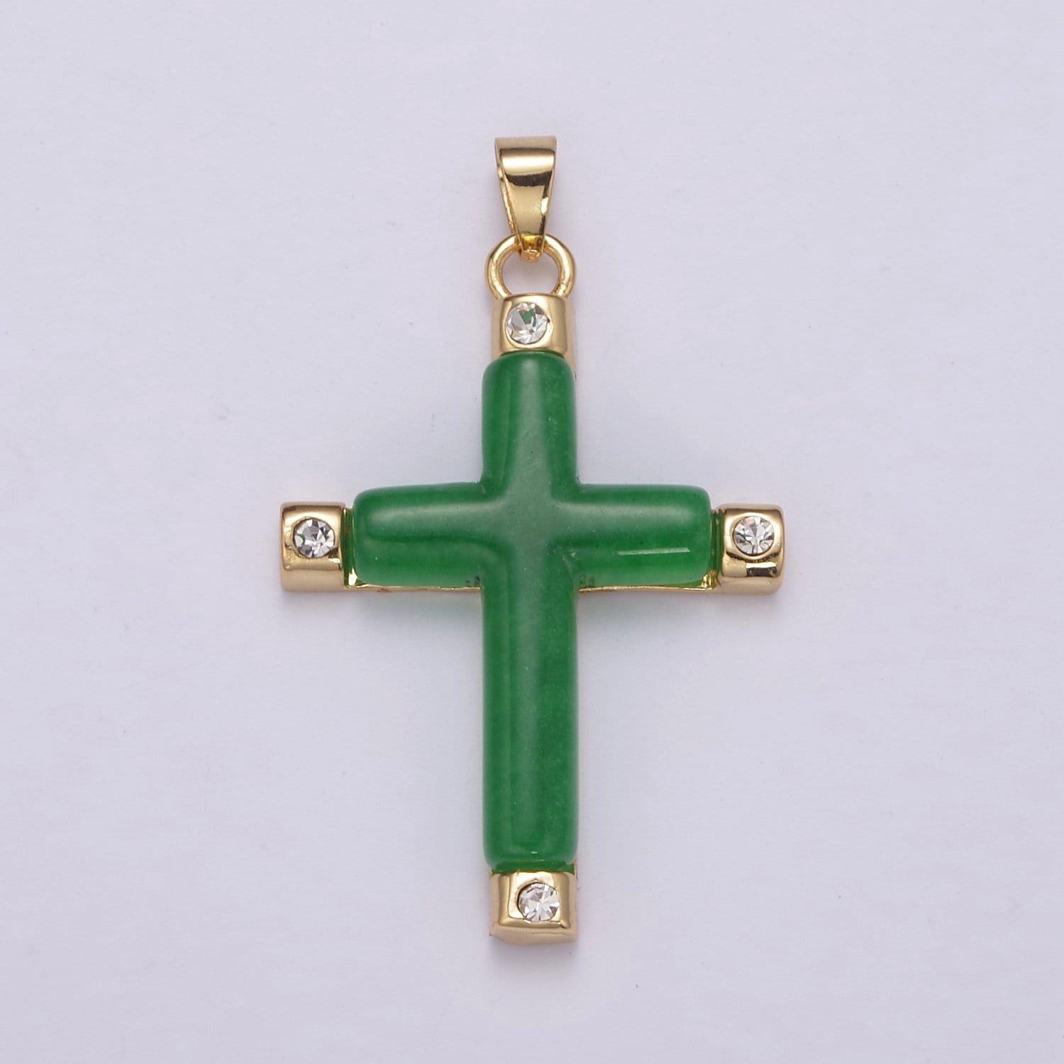 Green jade cross pendant for necklace 24k gold filled cross ah-348