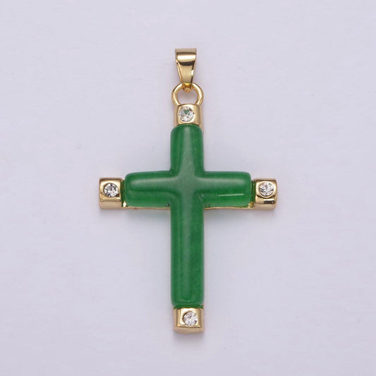 Green jade cross pendant for necklace 24k gold filled cross ah-348
