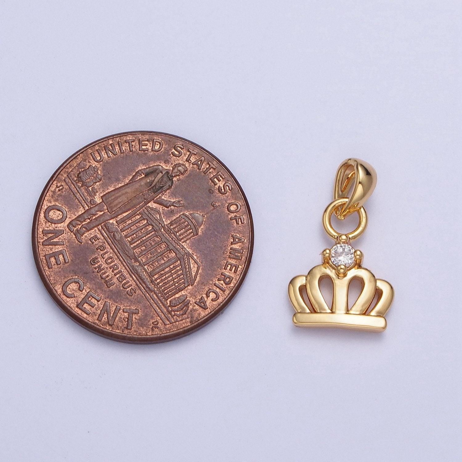 24k gold filled cute princess royal crown micro pave cubic zirconia cz stones pendant, royalty vintage crown design charm | x-454