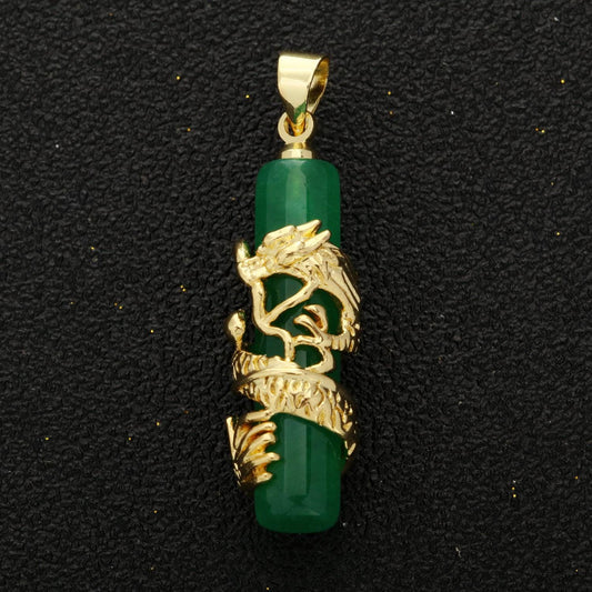 Gold genuine green jade dragon pendant necklace amulet cylinder jade bar necklace for women men