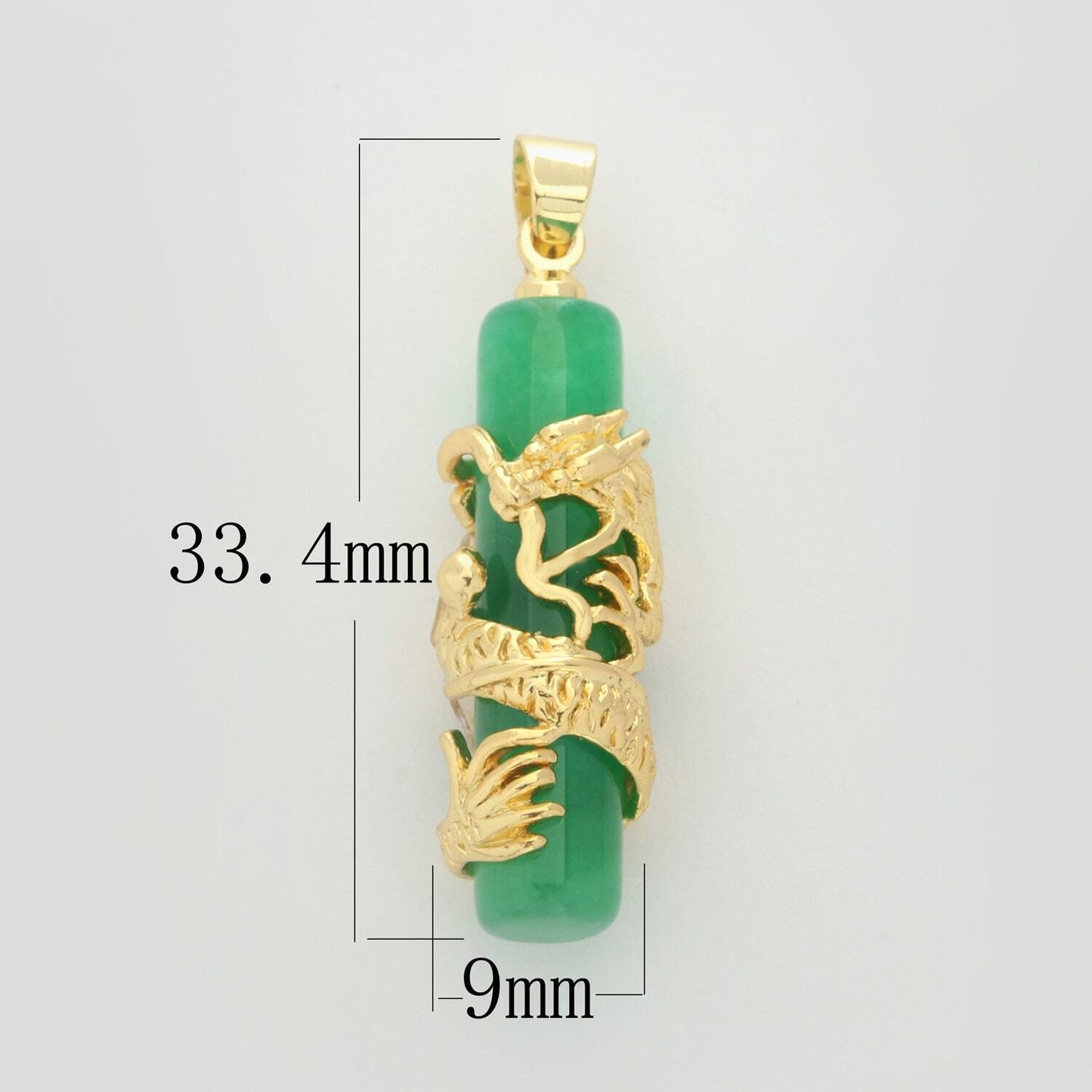 Gold genuine green jade dragon pendant necklace amulet cylinder jade bar necklace for women men