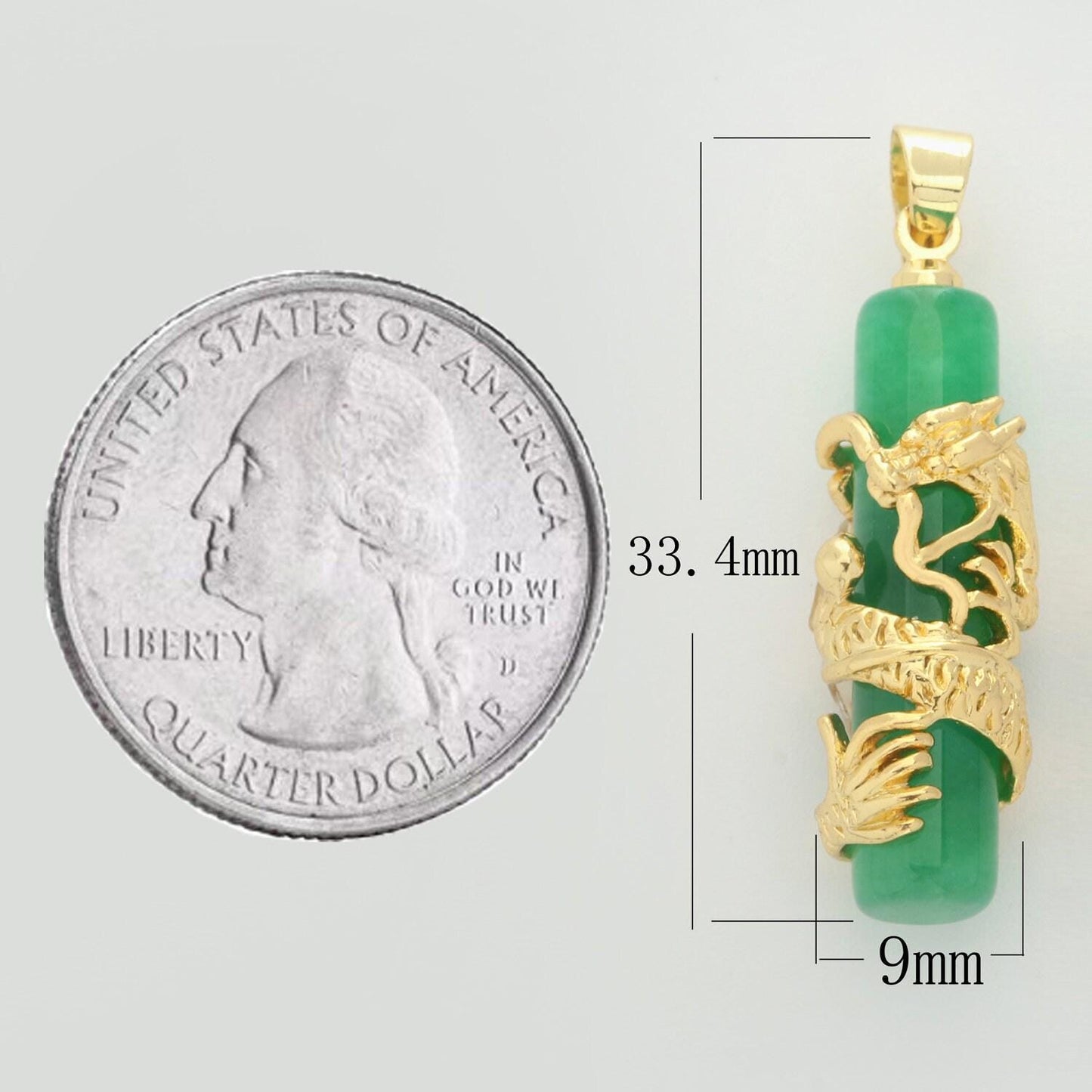 Gold genuine green jade dragon pendant necklace amulet cylinder jade bar necklace for women men