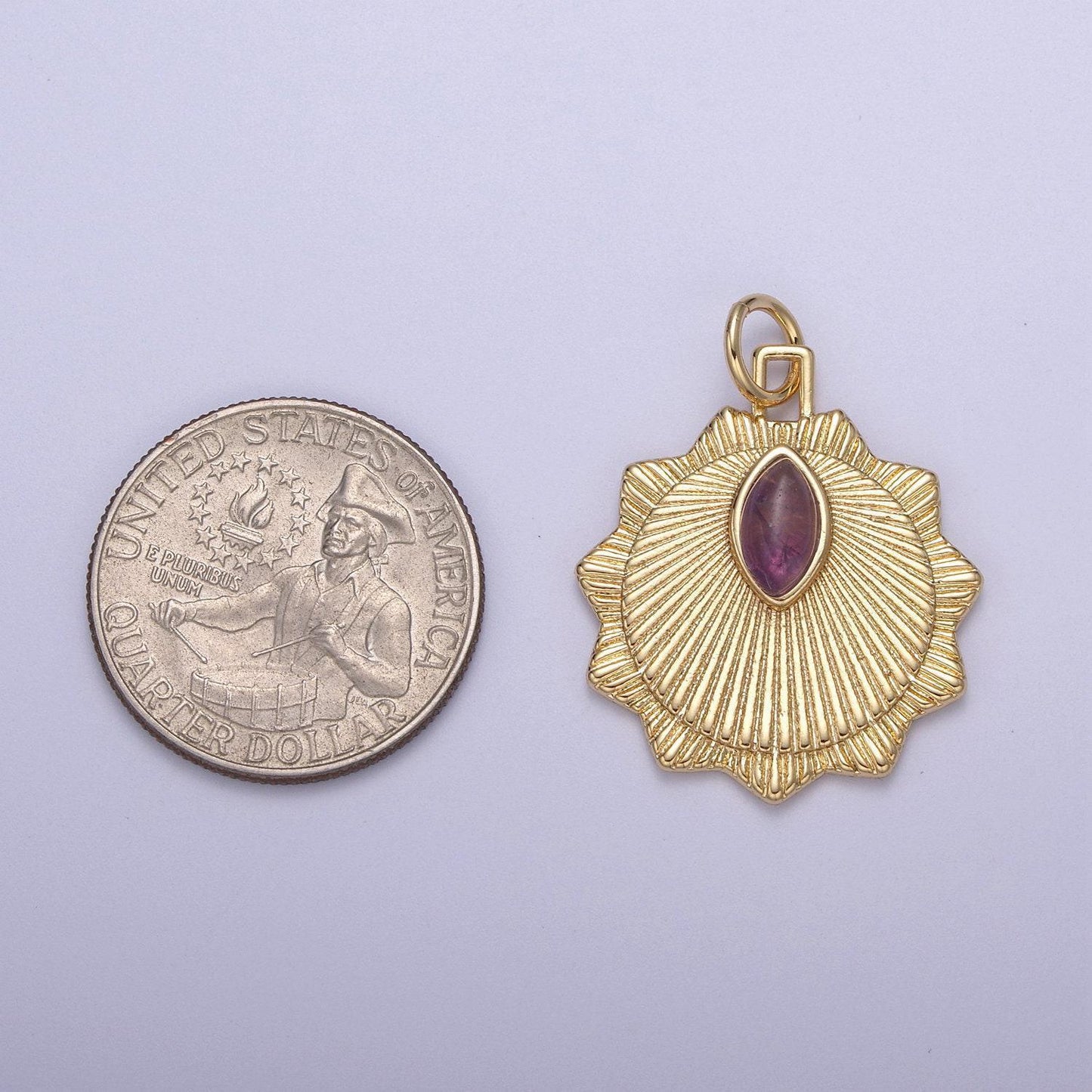 Radial sun token medallion charm pendant for necklace with amethyst gemstone n-399