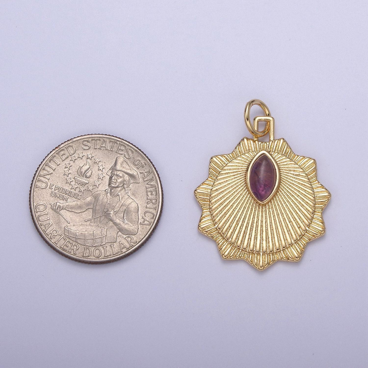 Radial sun token medallion charm pendant for necklace with amethyst gemstone n-399