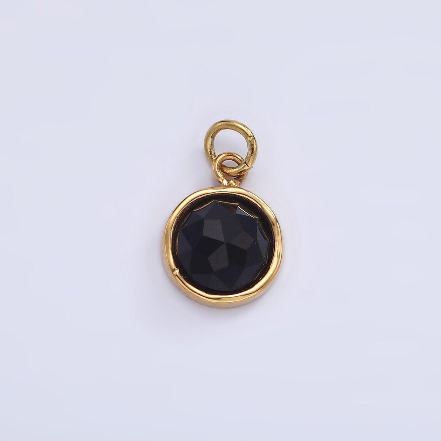 Stainless steel onyx, zoisite multifaceted glossed gem bezel round charm in gold & silver | p1316-p1317