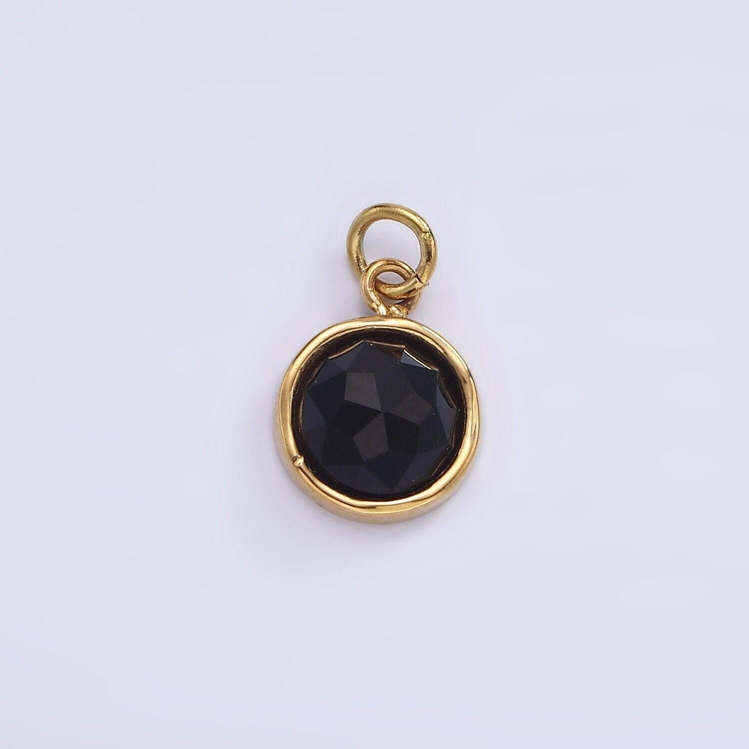 Stainless steel onyx, zoisite multifaceted glossed gem bezel round charm in gold & silver | p1316-p1317