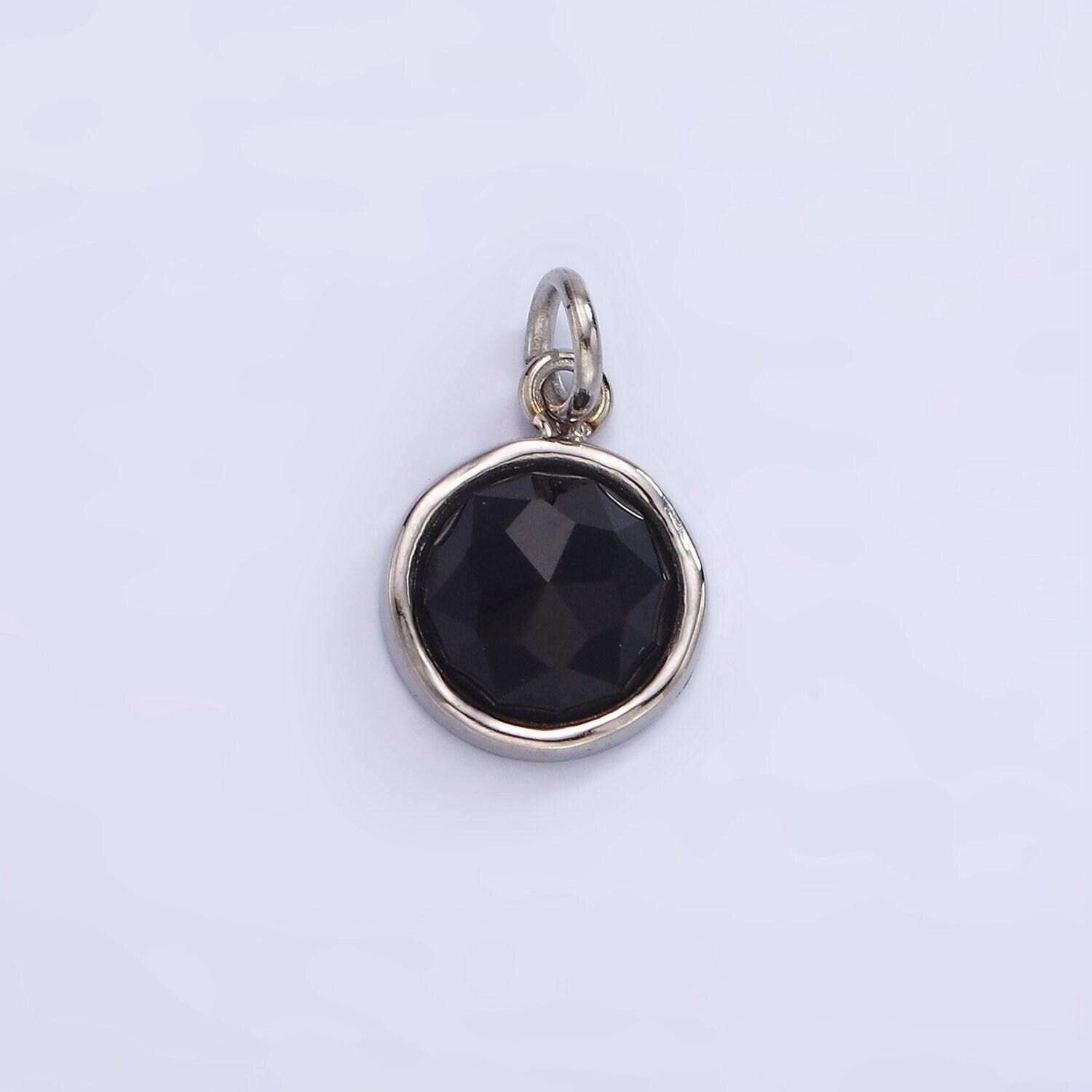 Stainless steel onyx, zoisite multifaceted glossed gem bezel round charm in gold & silver | p1316-p1317