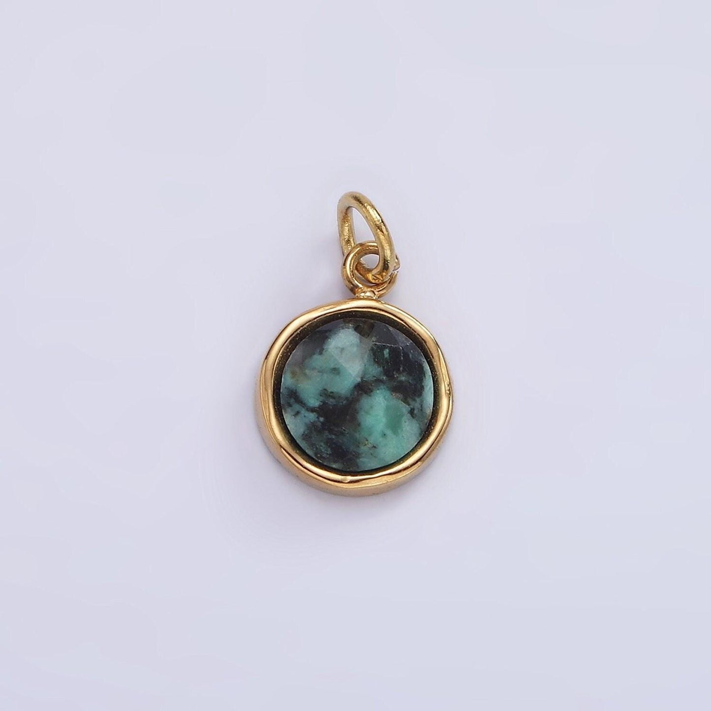 Stainless steel onyx, zoisite multifaceted glossed gem bezel round charm in gold & silver | p1316-p1317