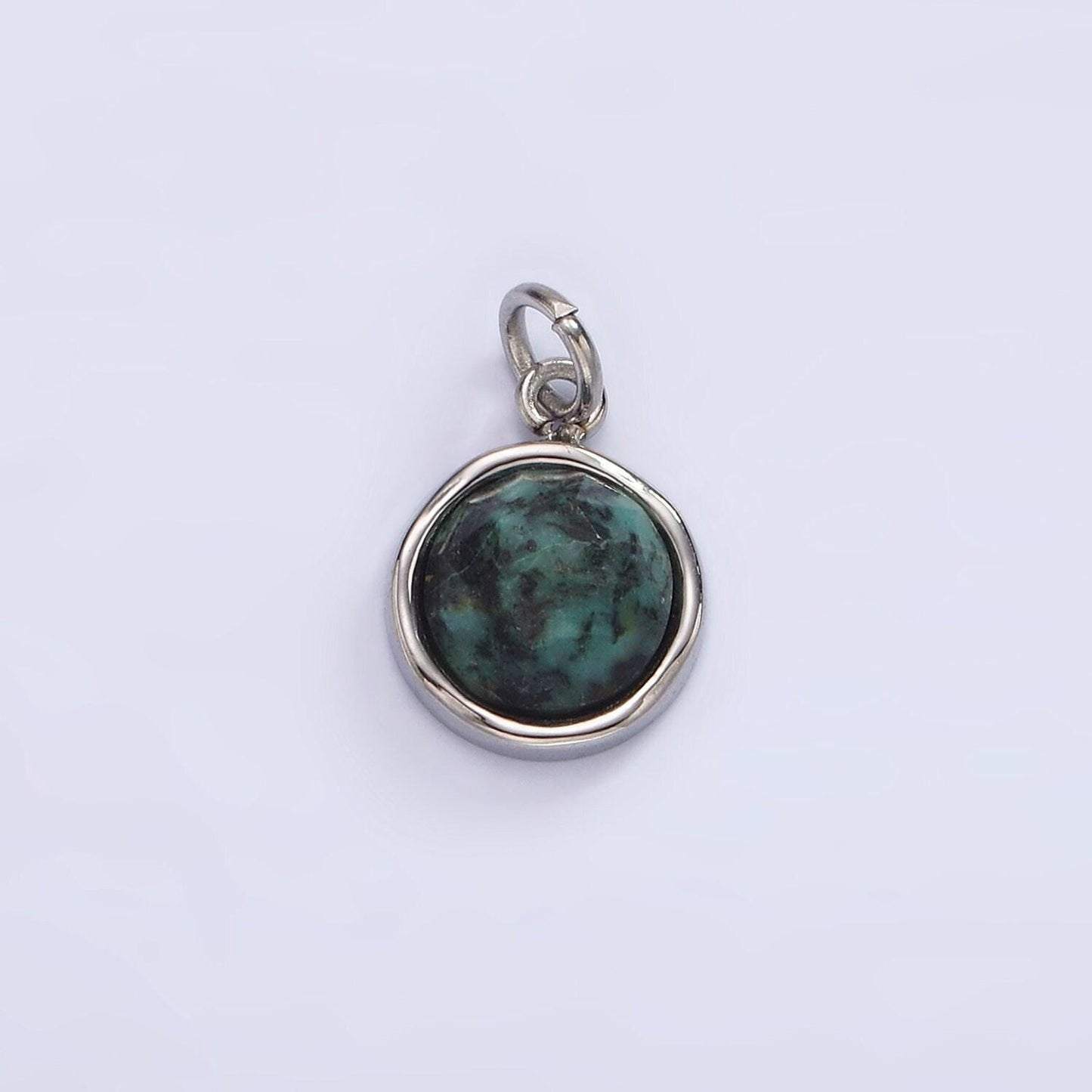 Stainless steel onyx, zoisite multifaceted glossed gem bezel round charm in gold & silver | p1316-p1317