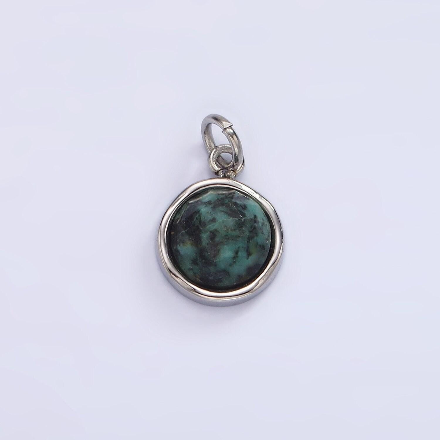Stainless steel onyx, zoisite multifaceted glossed gem bezel round charm in gold & silver | p1316-p1317