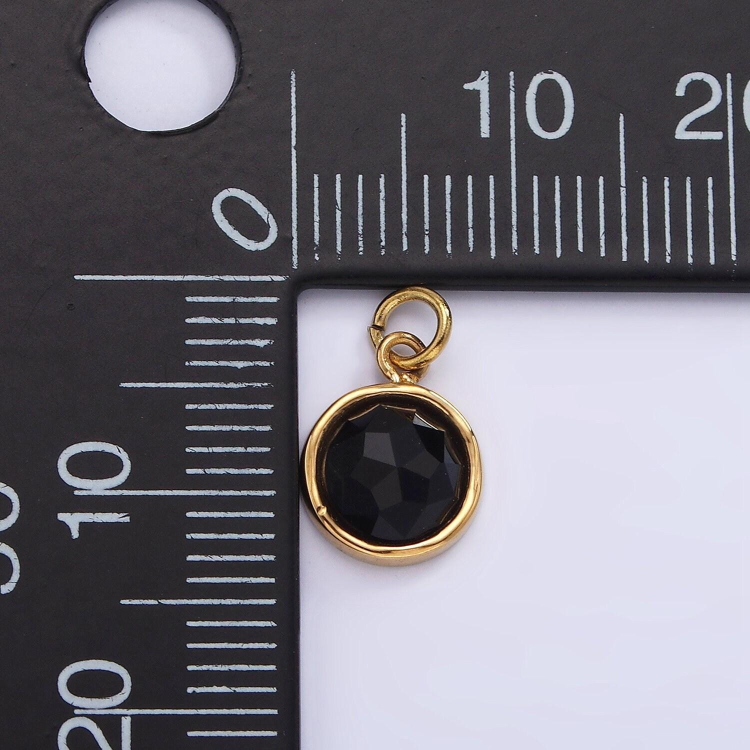 Stainless steel onyx, zoisite multifaceted glossed gem bezel round charm in gold & silver | p1316-p1317