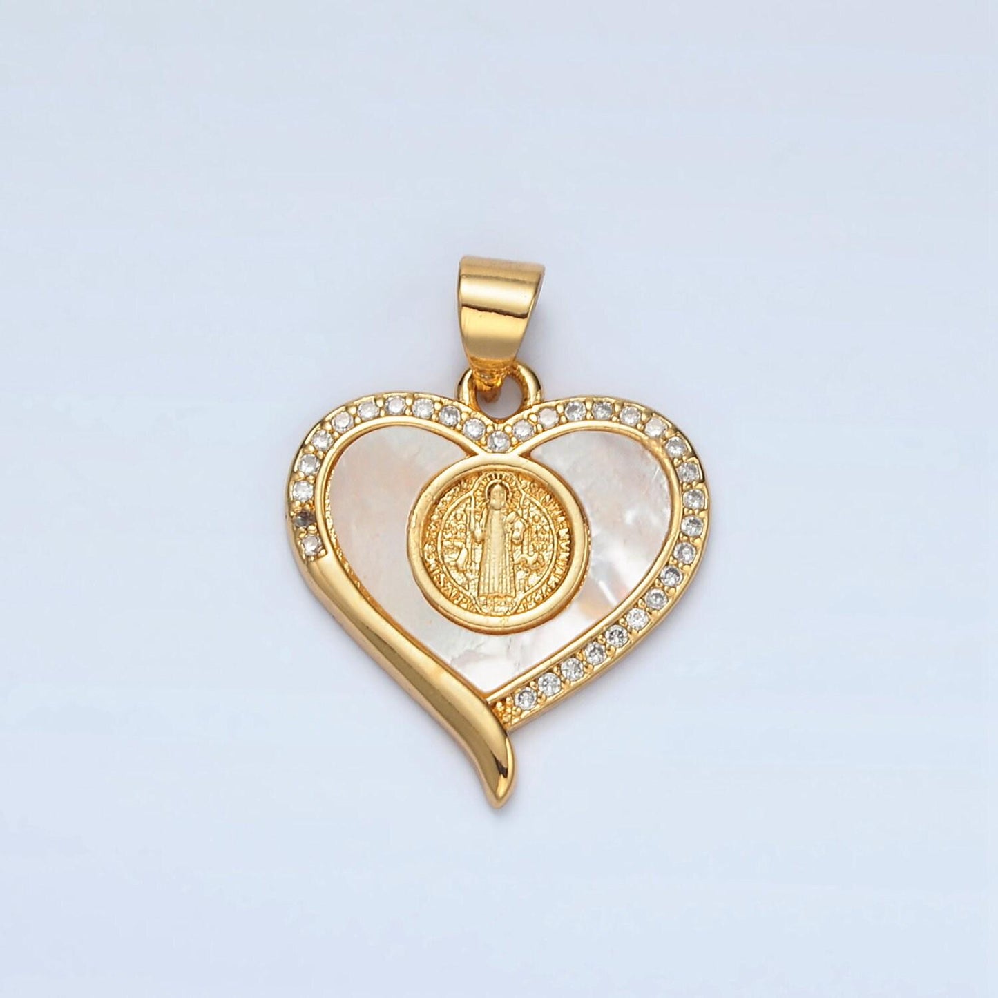 Dainty mother of pearl heart charm with saint benedict pendant for religious bracelet necklace jewelry making san benito pendant i175