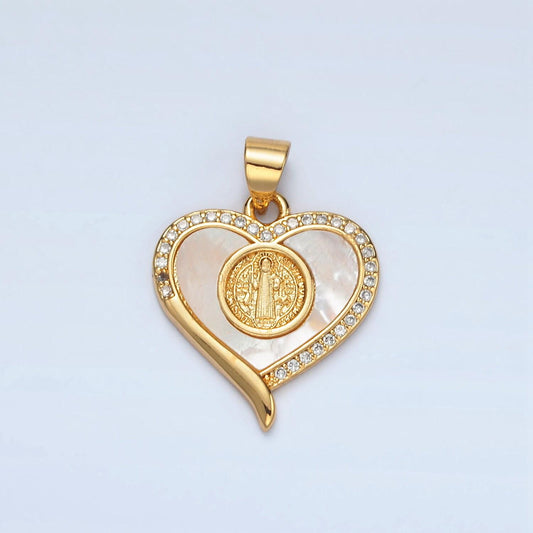 Dainty mother of pearl heart charm with saint benedict pendant for religious bracelet necklace jewelry making san benito pendant i175
