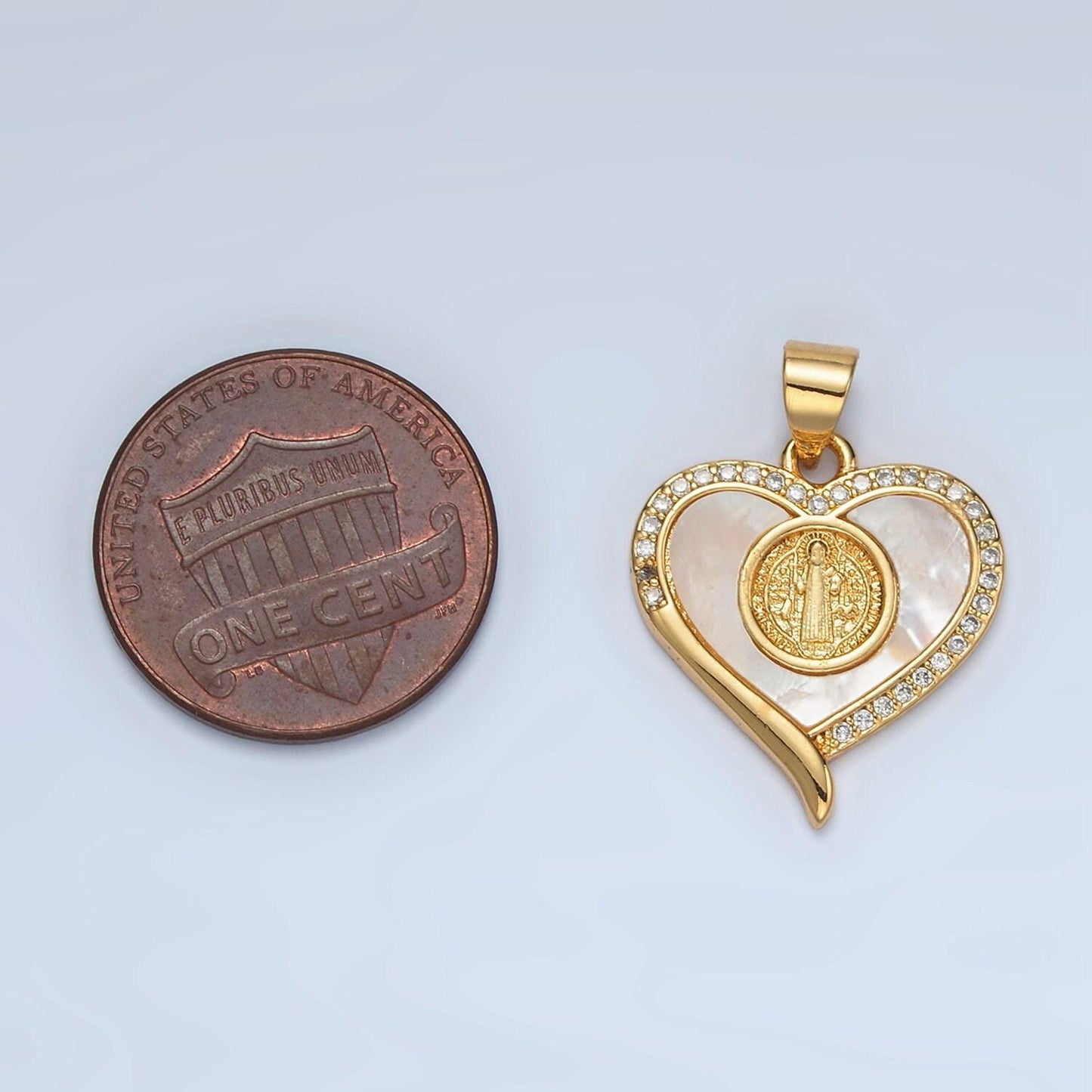 Dainty mother of pearl heart charm with saint benedict pendant for religious bracelet necklace jewelry making san benito pendant i175