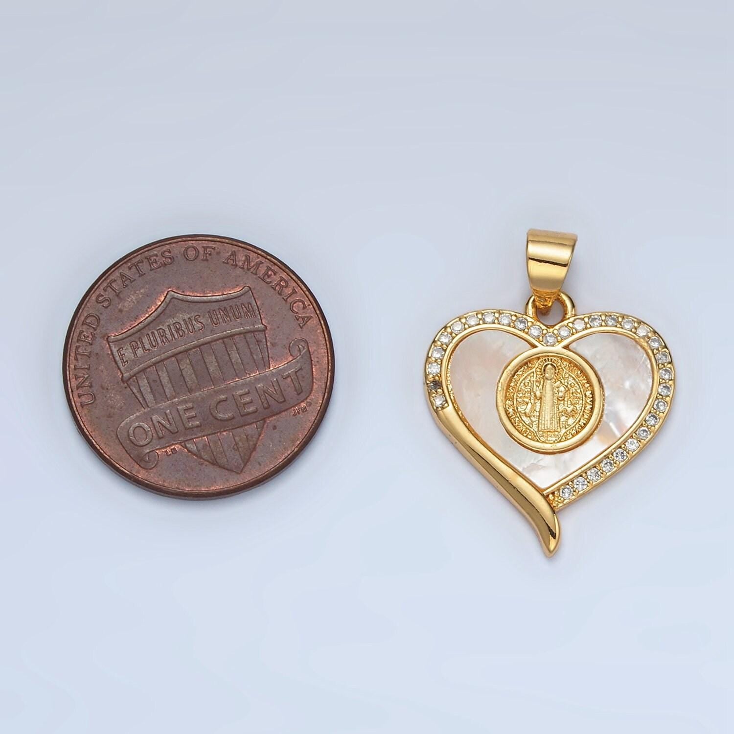 Dainty mother of pearl heart charm with saint benedict pendant for religious bracelet necklace jewelry making san benito pendant i175