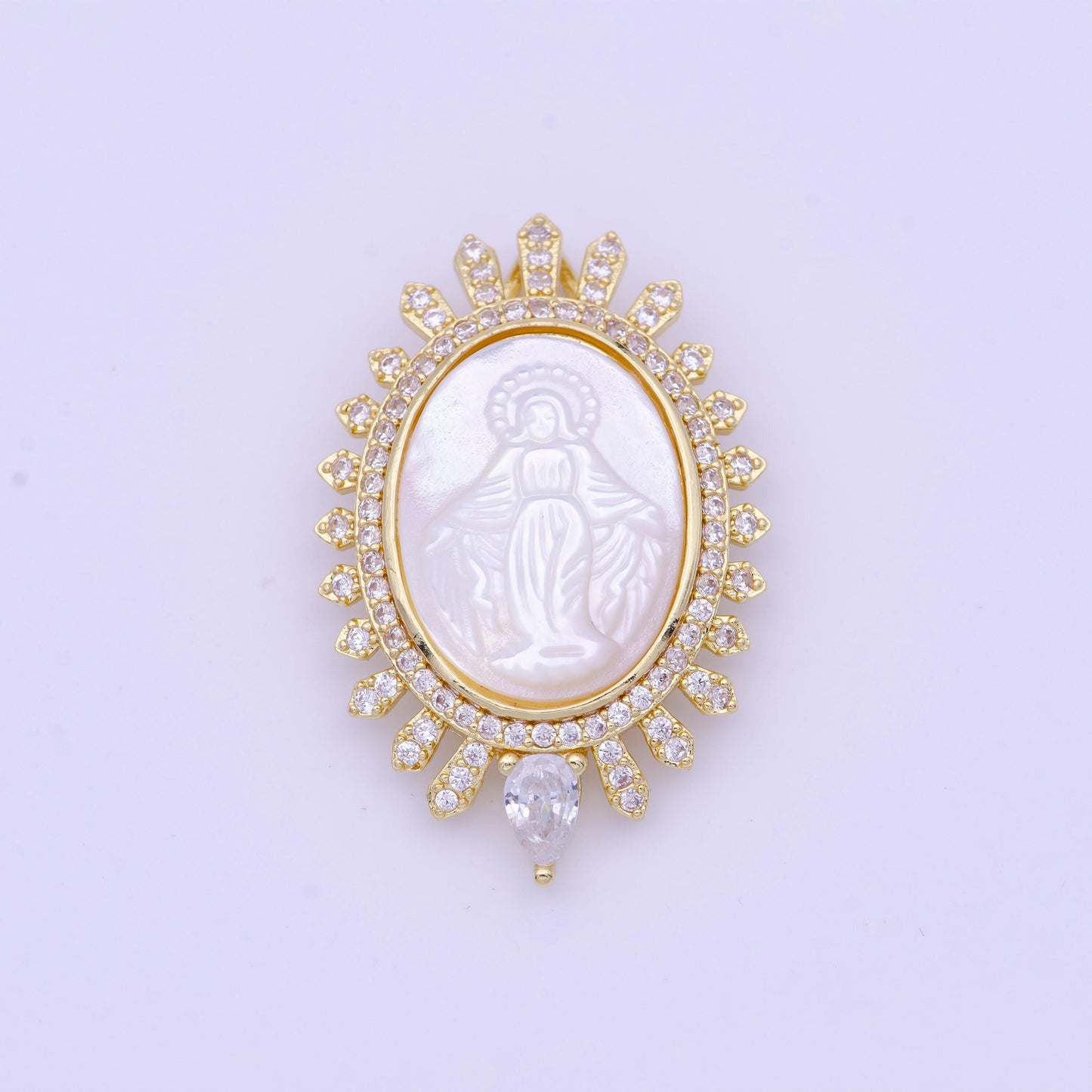 Big miraculous lady in pearl 24k gold filled oval frame clear cz micro pave religious jewelry making | h-773