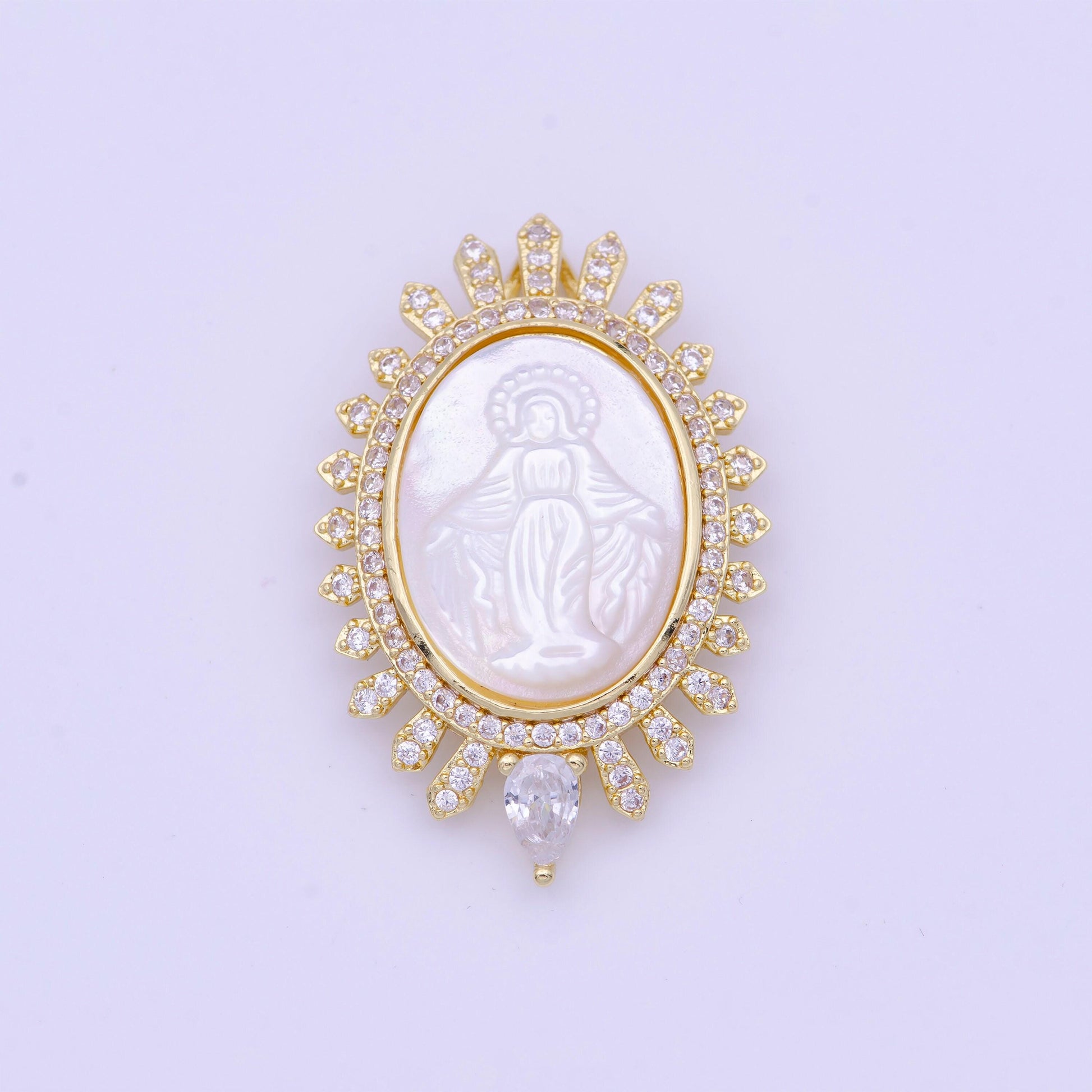 Big miraculous lady in pearl 24k gold filled oval frame clear cz micro pave religious jewelry making | h-773