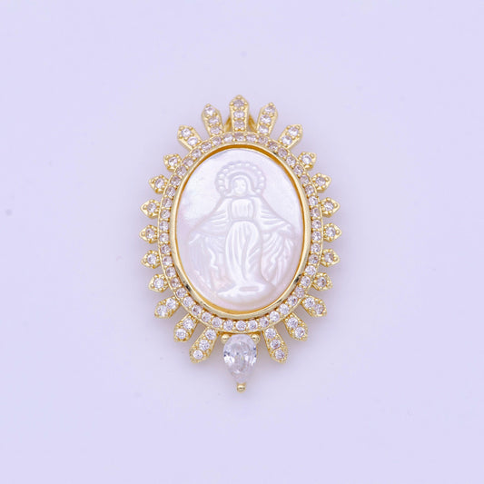 Big miraculous lady in pearl 24k gold filled oval frame clear cz micro pave religious jewelry making | h-773