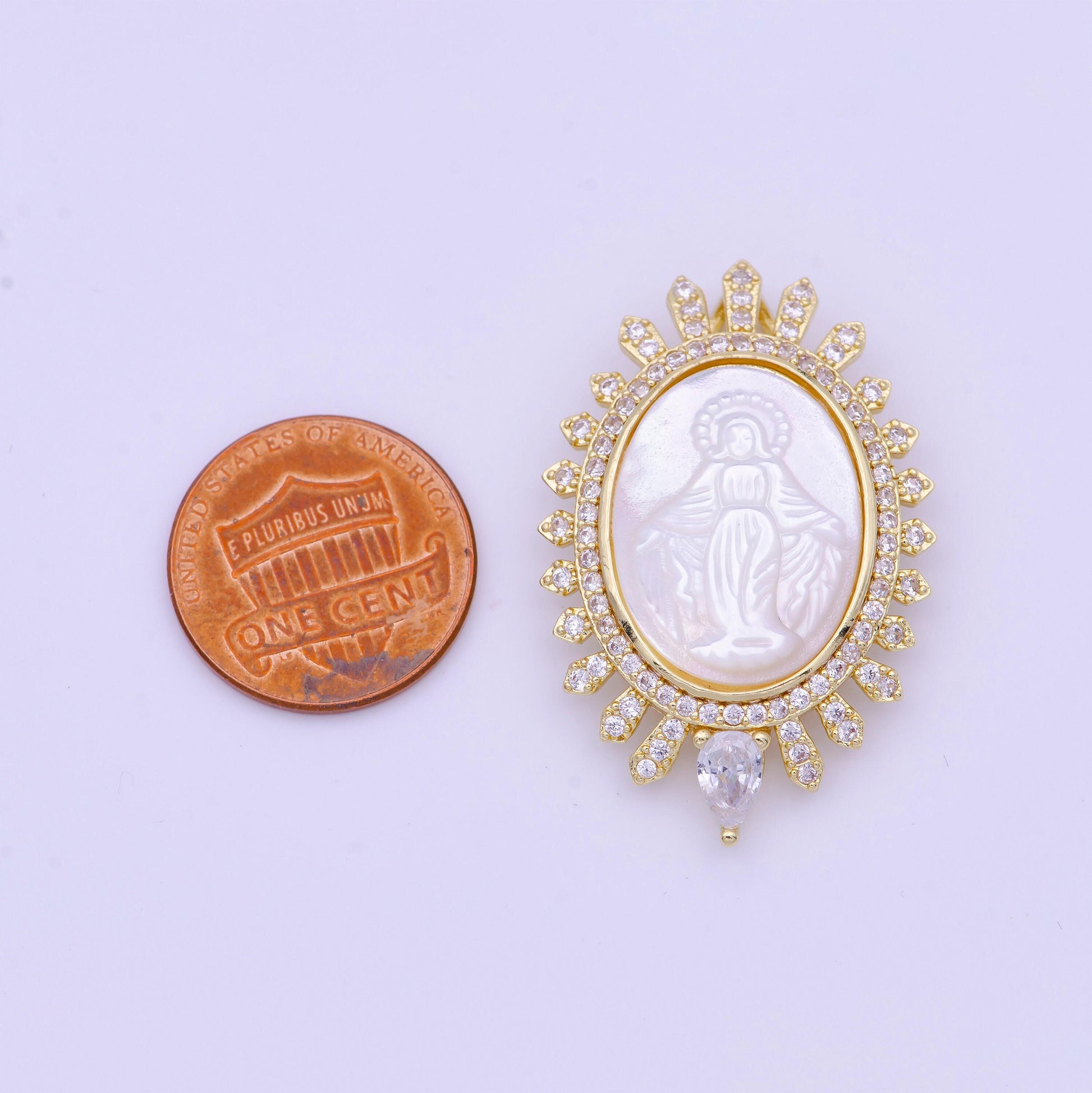 Big miraculous lady in pearl 24k gold filled oval frame clear cz micro pave religious jewelry making | h-773