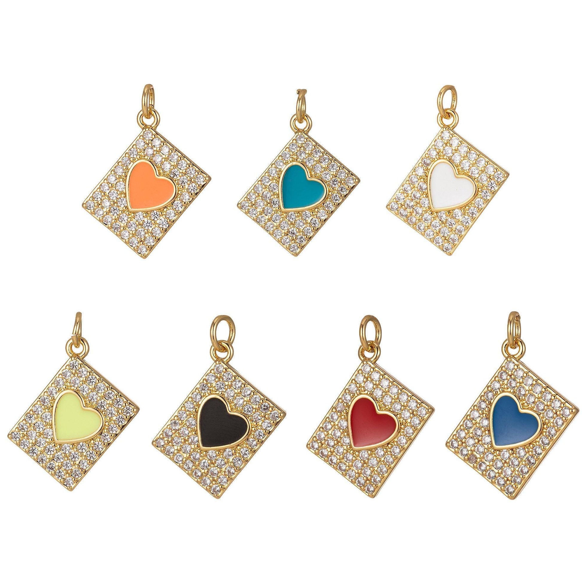 Micro pave heart pendant dainty tile charm enamel heart tag charm jewelry making supply 14k gold filled findings
