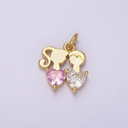 14k gold filled double heart pink clear cz couple add-on charm | ac907