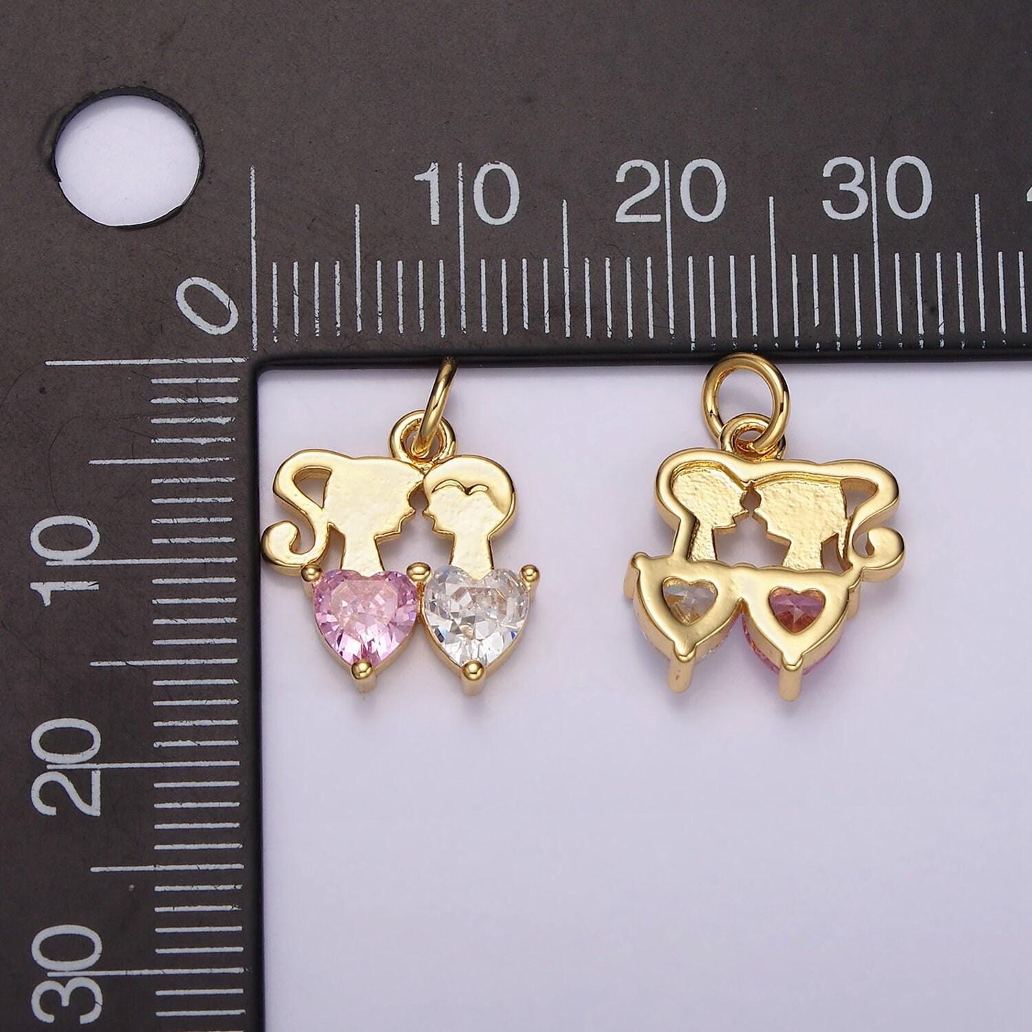 14k gold filled double heart pink clear cz couple add-on charm | ac907