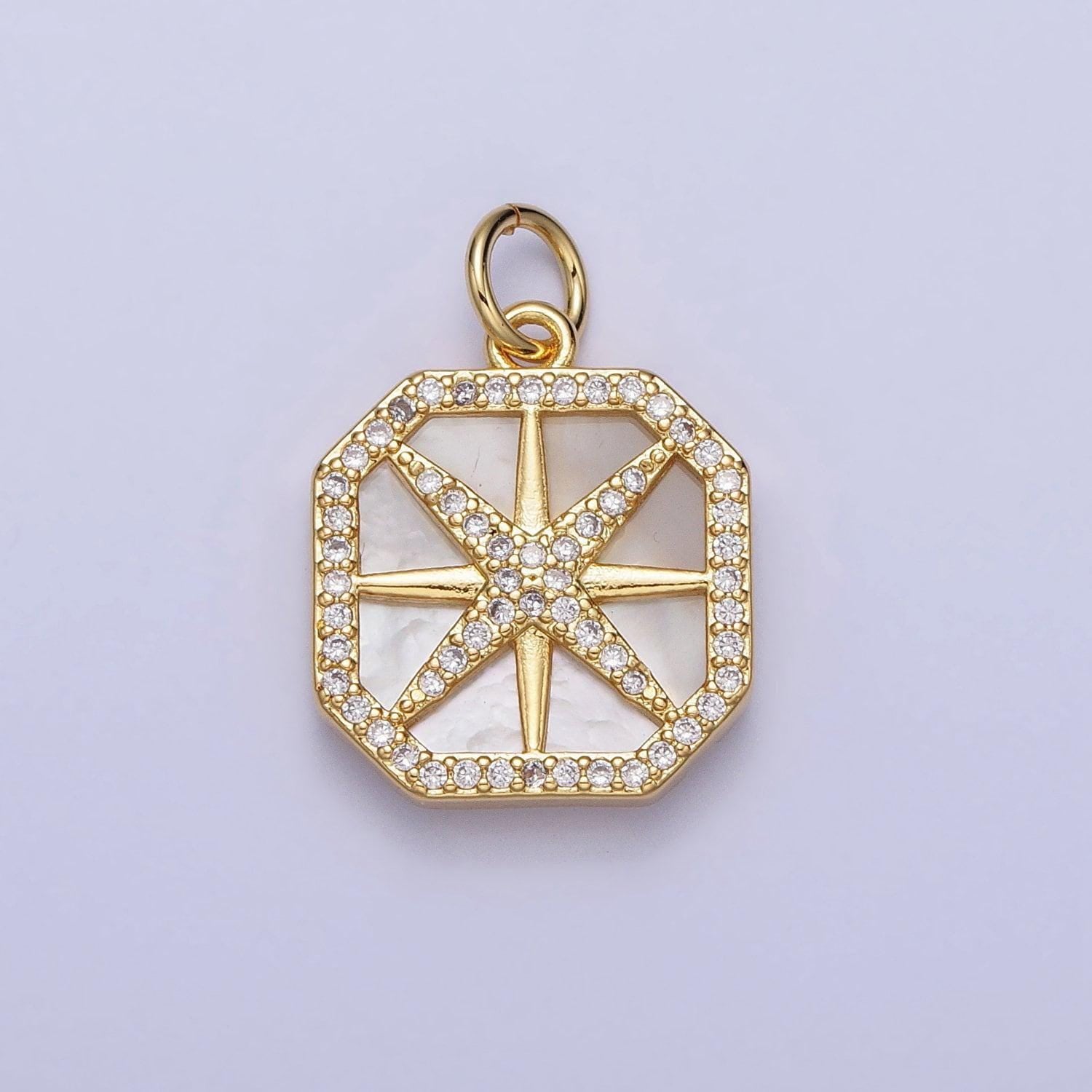 Mini celestial jewelry pendant 24k gold filled northern star pearl clear micro paved cz hexagonal charm | ac361