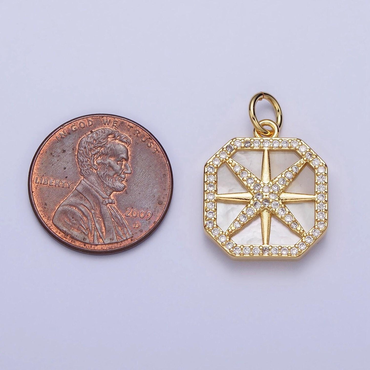 Mini celestial jewelry pendant 24k gold filled northern star pearl clear micro paved cz hexagonal charm | ac361