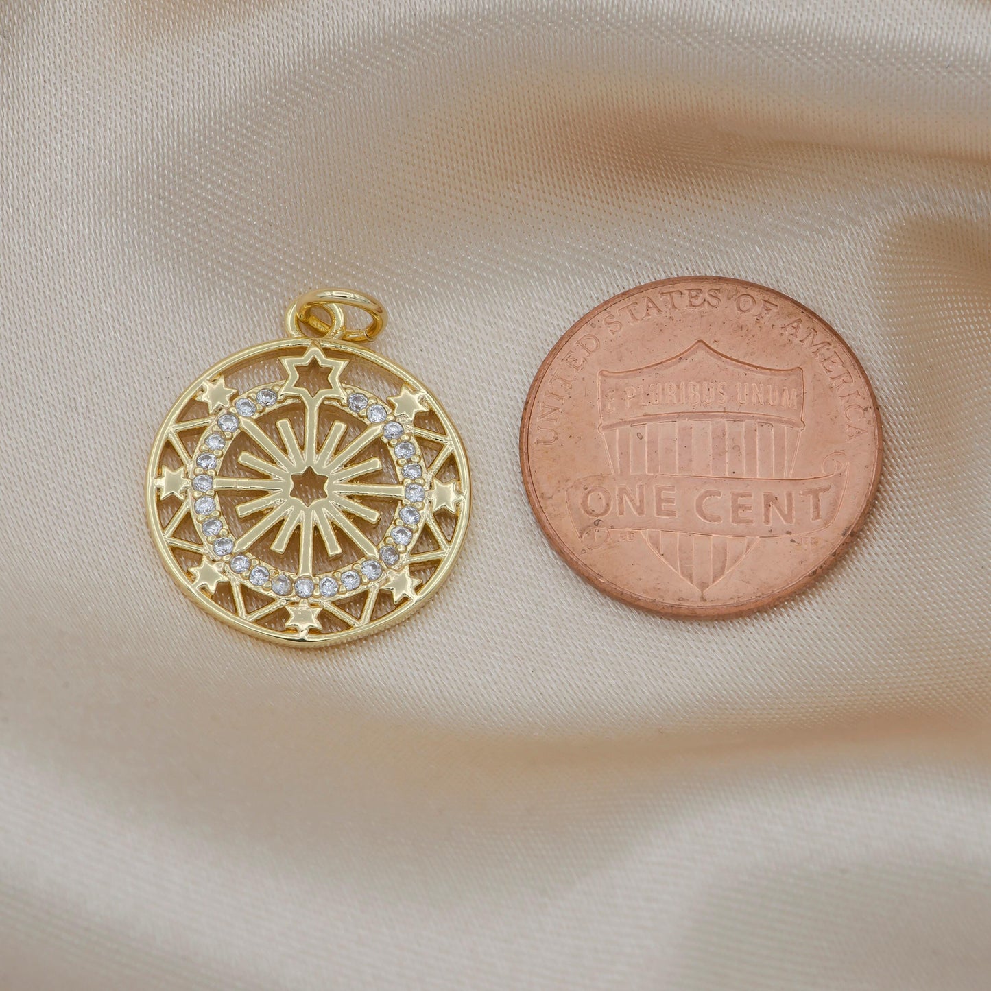 Mini coin charm gold micro pave star charm, clear cubic charms, cz medallion charm dainty small round charm -547