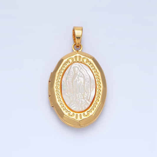 Holy mary / guadalupe oval shell pearl locket 24k gold filled pendant | aa-795