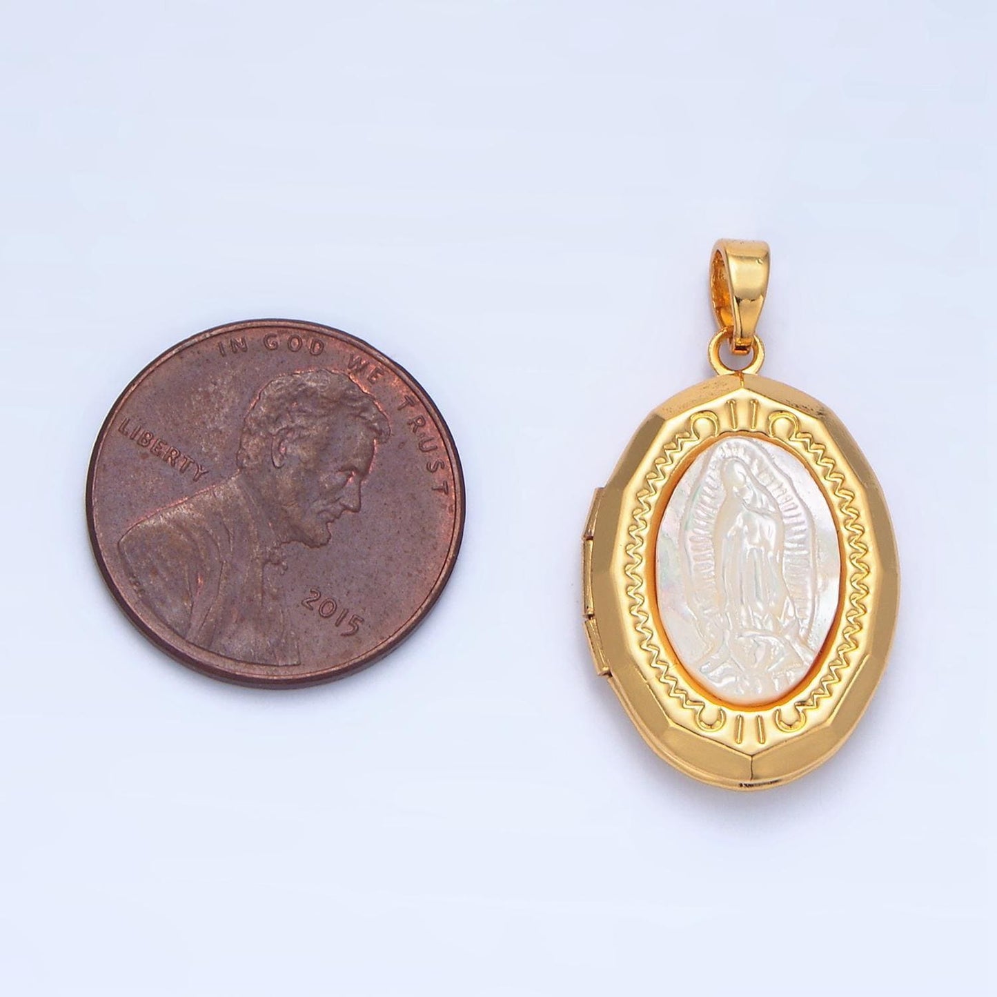 Holy mary / guadalupe oval shell pearl locket 24k gold filled pendant | aa-795