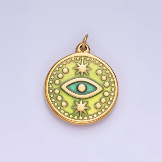 Green evil eye round circle charm medallion coin round religious protection, good fortune, health, eye of ra charm for necklace p1384
