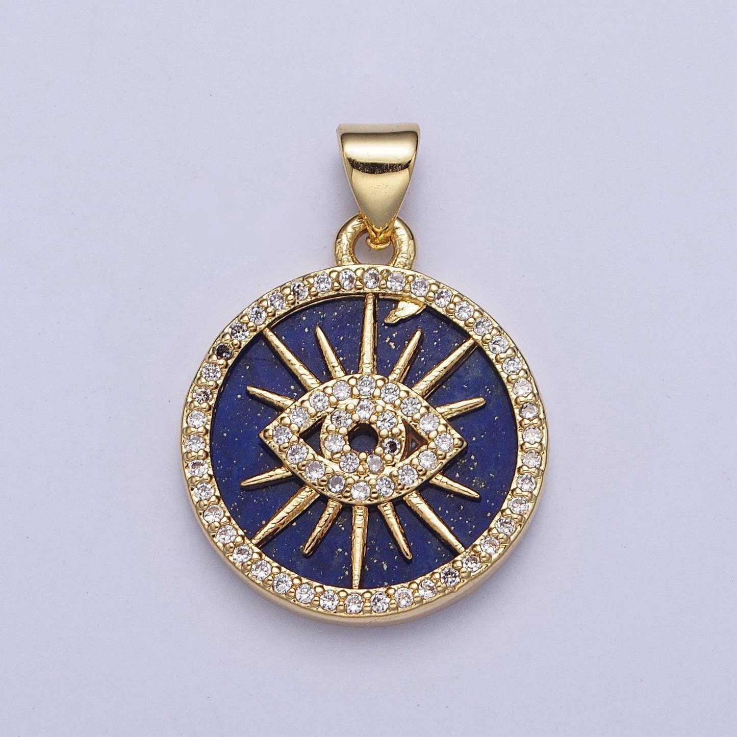 Blue lapiz sunray evil eye coin medallion pendant, 24k gold filled round micro pave cz protection charm for jewelry making | x-425