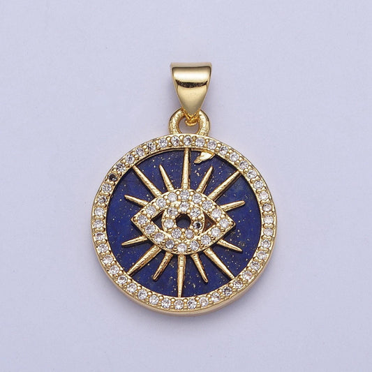 Blue lapiz sunray evil eye coin medallion pendant, 24k gold filled round micro pave cz protection charm for jewelry making | x-425