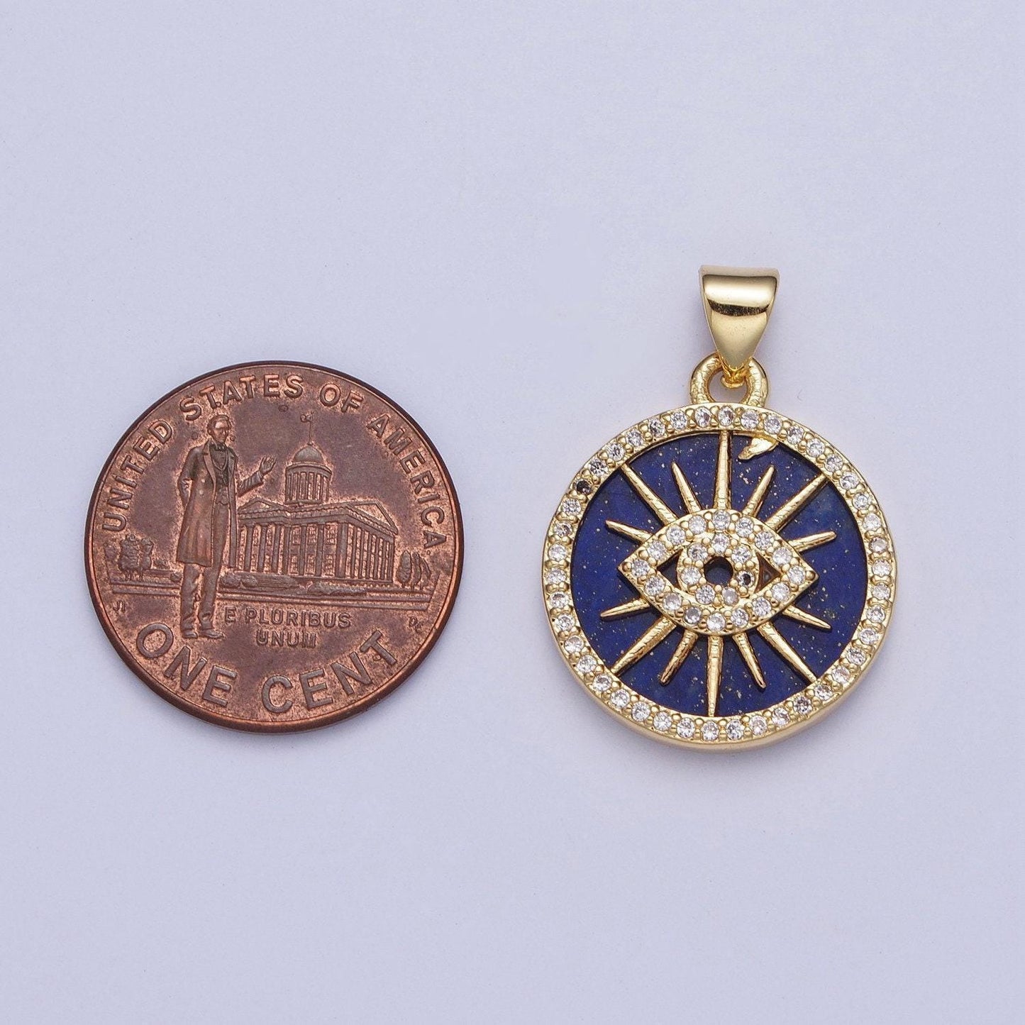 Blue lapiz sunray evil eye coin medallion pendant, 24k gold filled round micro pave cz protection charm for jewelry making | x-425