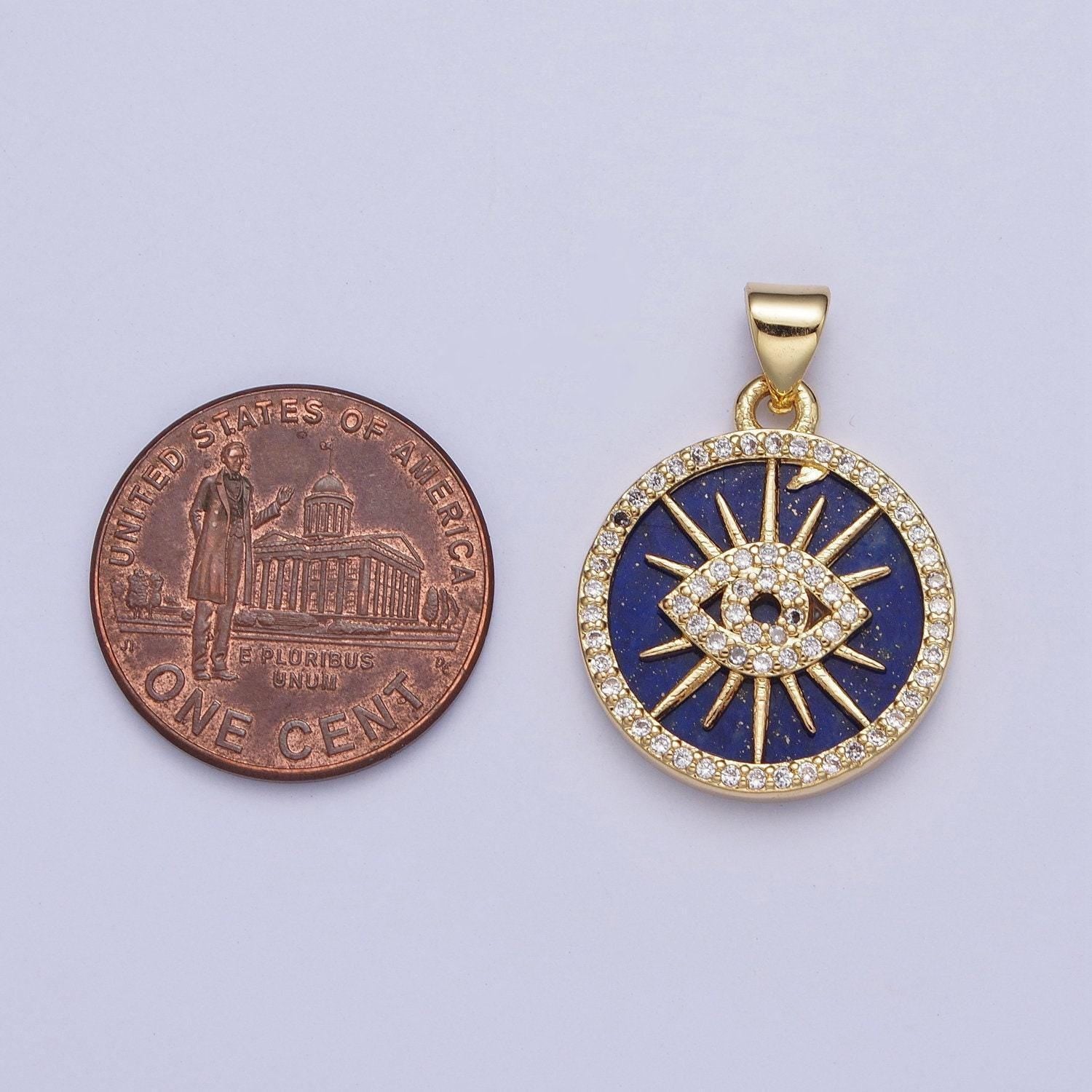 Blue lapiz sunray evil eye coin medallion pendant, 24k gold filled round micro pave cz protection charm for jewelry making | x-425