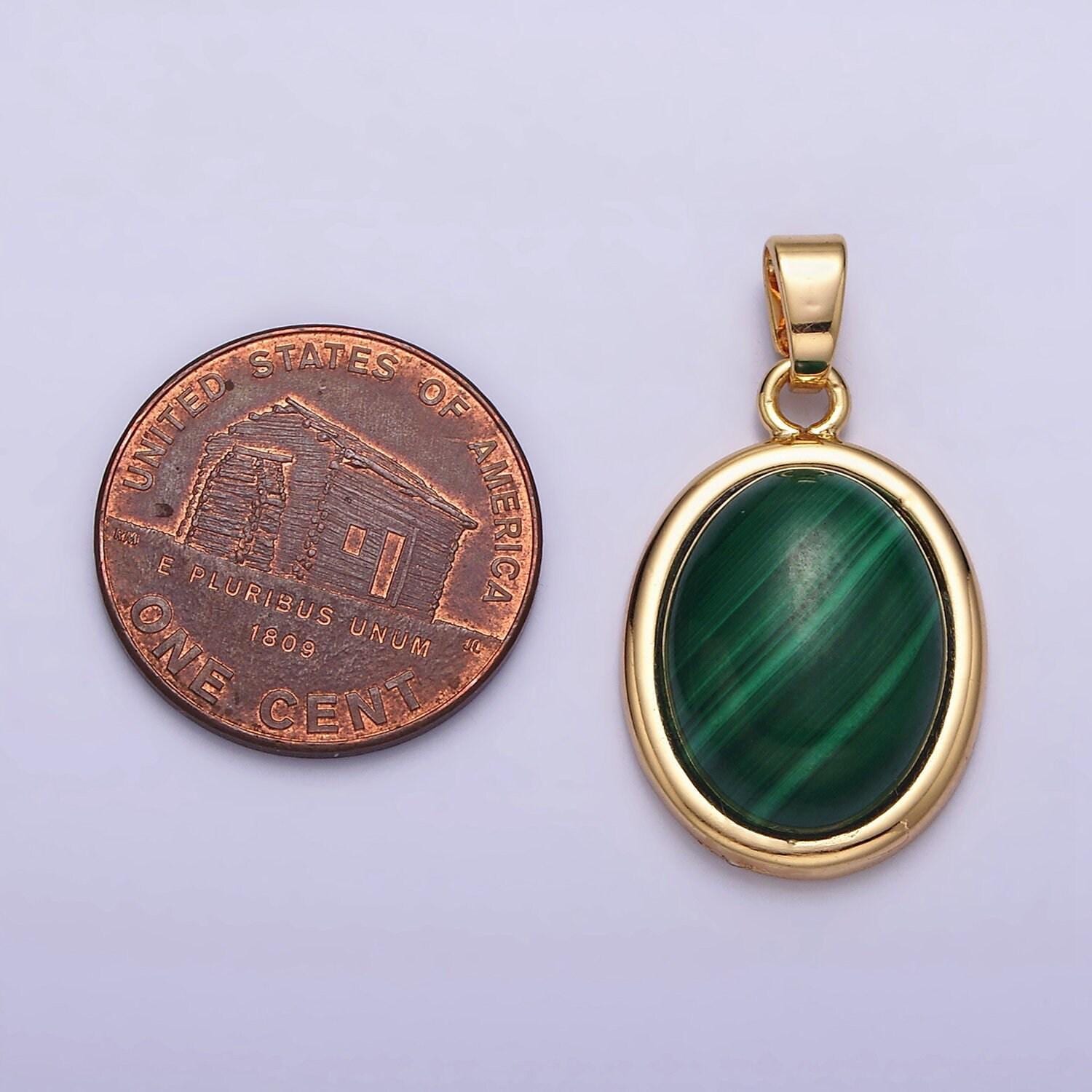 Green malachite oval cabochon charm 16k gold filled oval pendant aa435