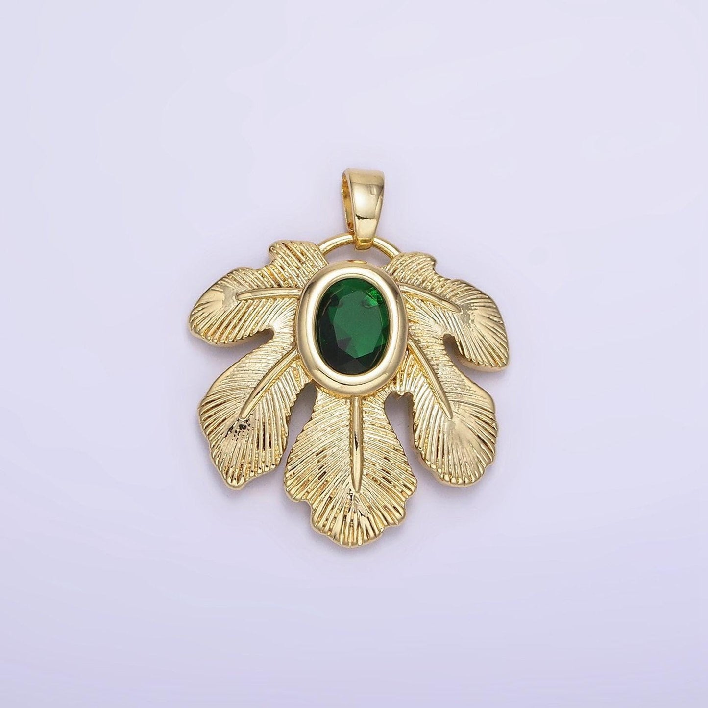 14k gold filled green cz line-textured palm leaf nature pendant | ah-149