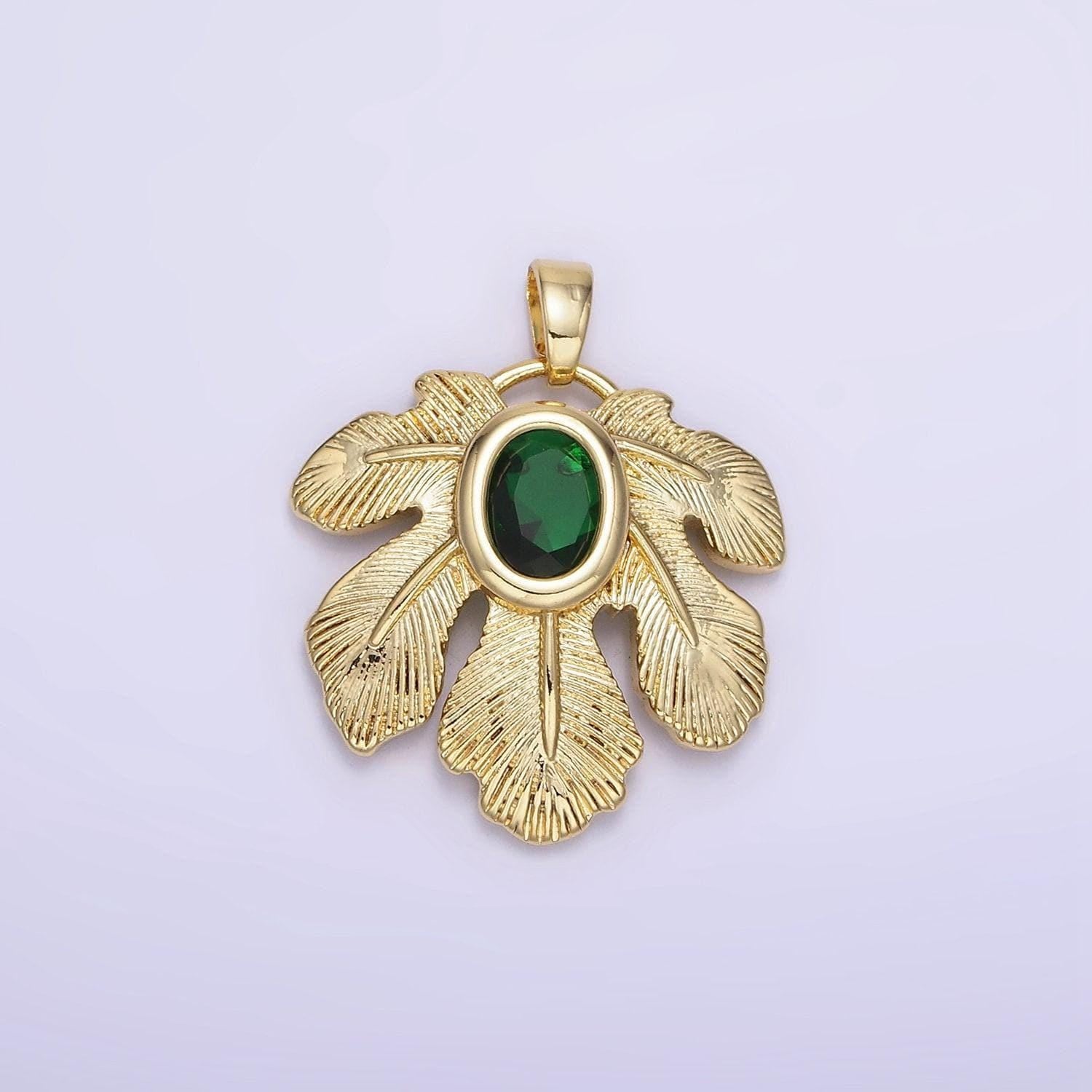 14k gold filled green cz line-textured palm leaf nature pendant | ah-149