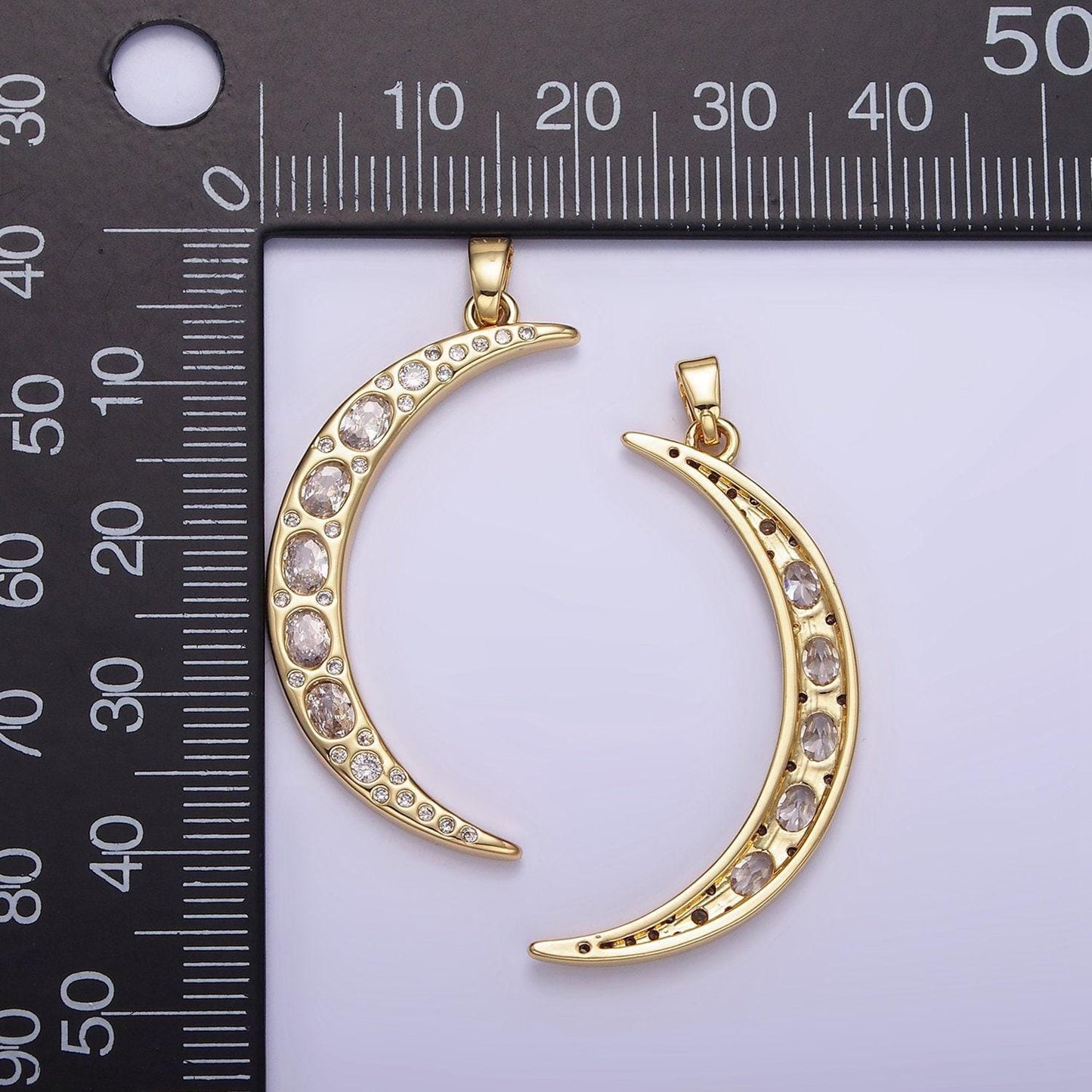 14k gold filled 40mm clear cz oval dotted celestial crescent moon pendant | ah-147